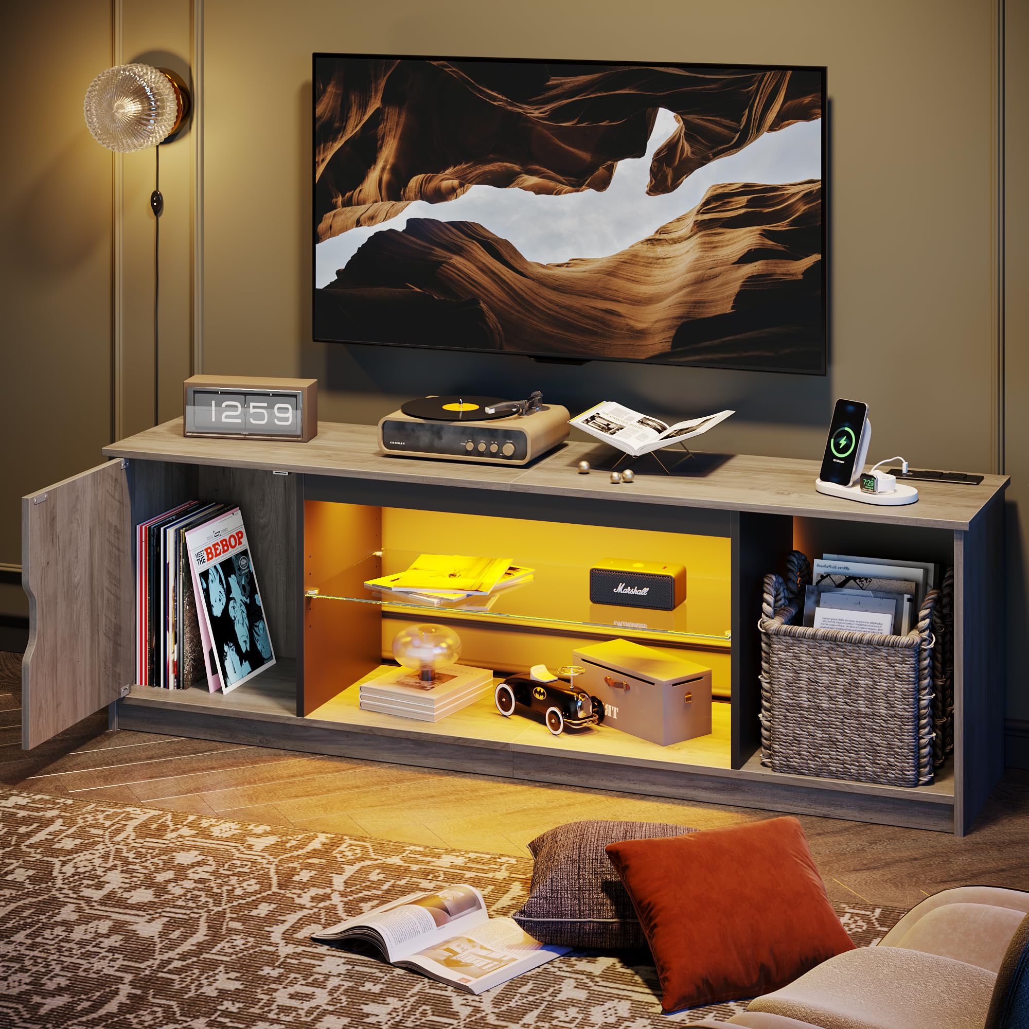 Bestier 58 Inch LED TV Stand with Power Outlets - Modern Entertainment Center for 55/60/65 Inch TVs, Gaming Console Storage Cabinet with Adjustable Glass Shelves (Grey Wash) - Perfect for Living Room, Home Theater & PS5 Setup