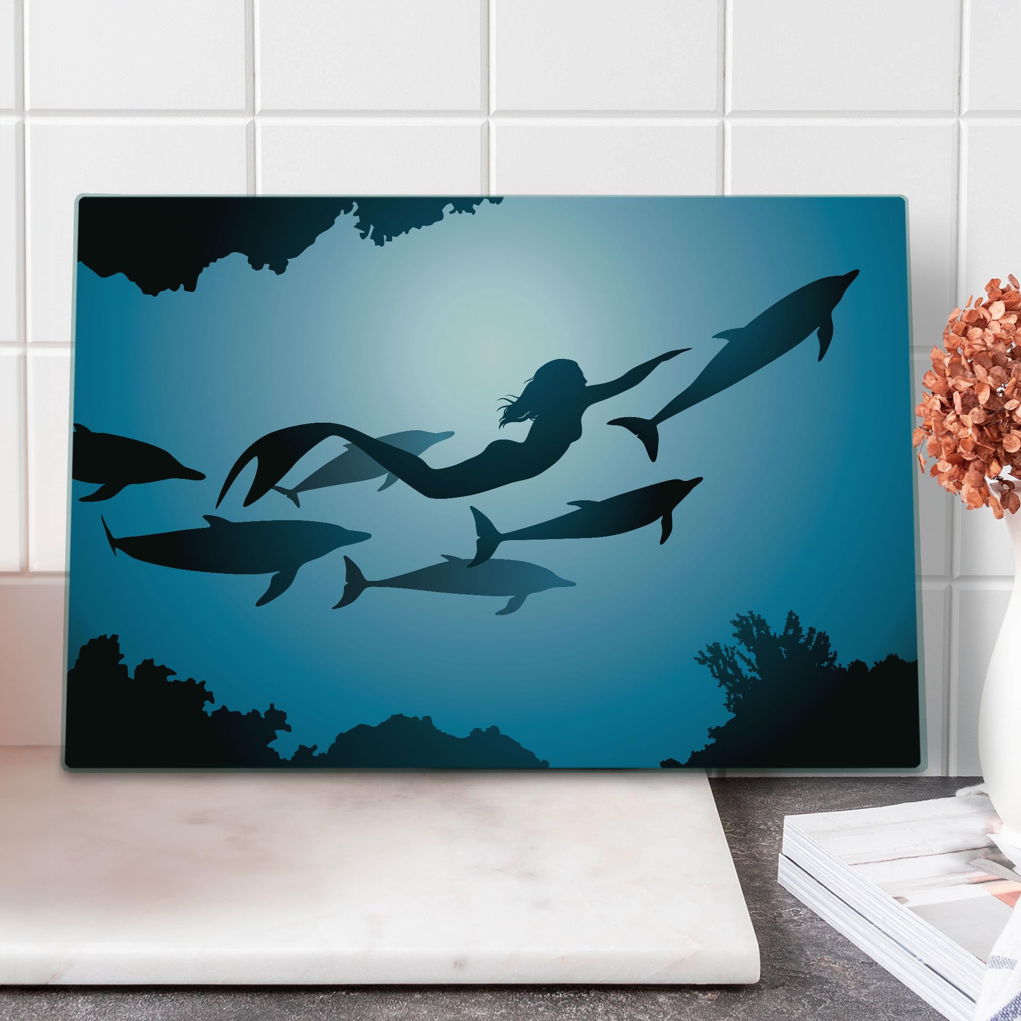 Ambesonne Underwater Themed Tempered Glass Cutting Board - Mermaid & Dolphins Sea Life Design, Large Blue Black Petrol Serving Board for Kitchen & Dining - Perfect for Seafood Meals, Charcuterie Platters & Home Decor