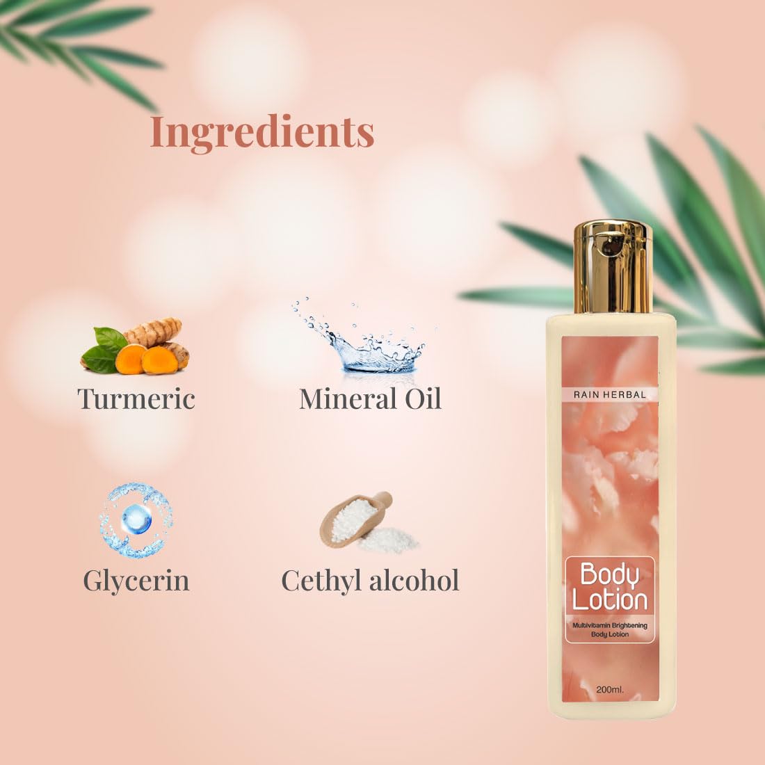 Rain Herbal Multi Vitamin Brightening Body Lotion with Vitamin C & Turmeric | Non-Sticky Moisturizer with Natural Sunscreen | For All Skin Types & Genders | 200ml | Perfect for Daily Hydration & Summer Skin Protection