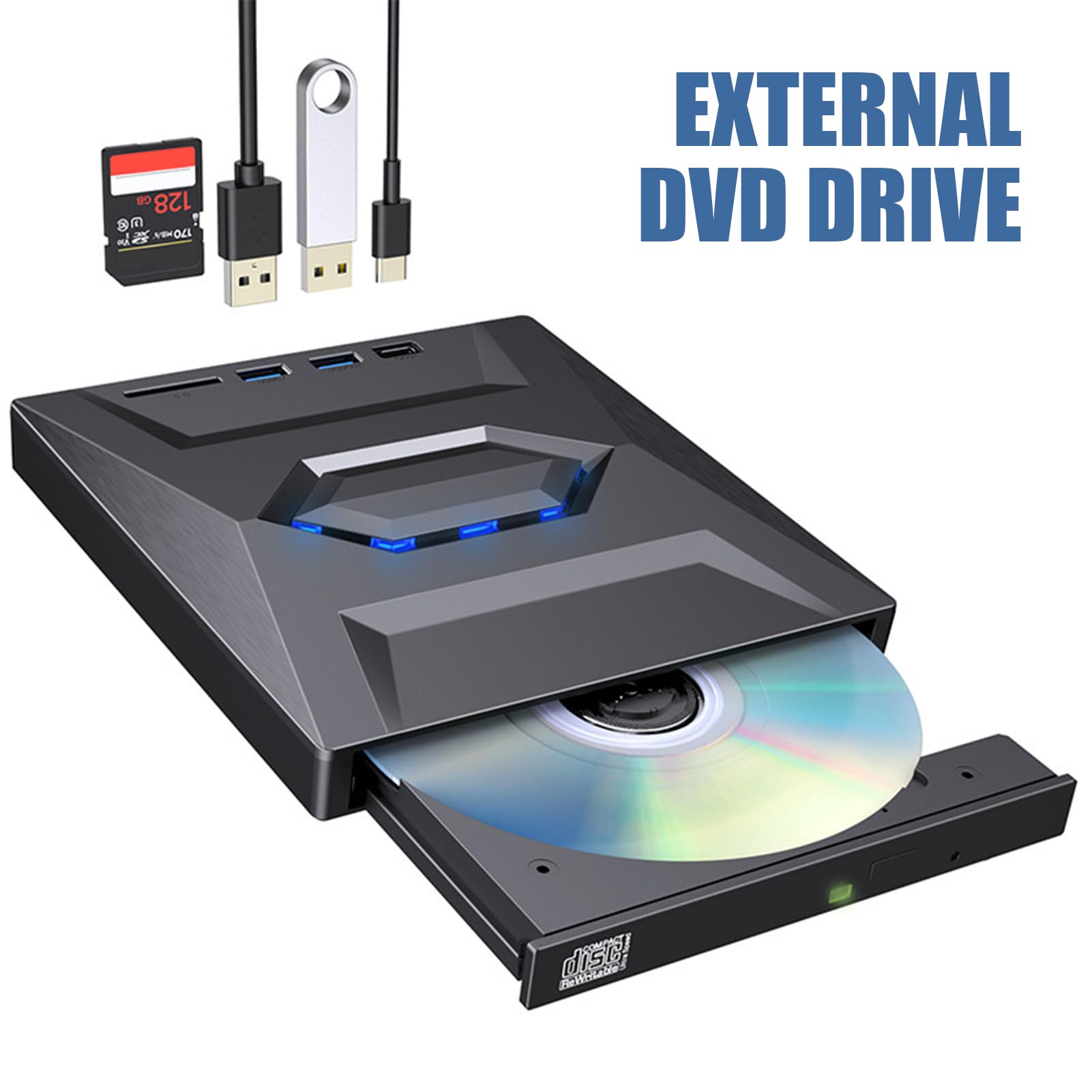 高速数据传输USB-C外置光驱 便携式光盘刻录机 笔记本电脑PC外接CD/DVD读写器 适用于办公、家庭娱乐及数据备份