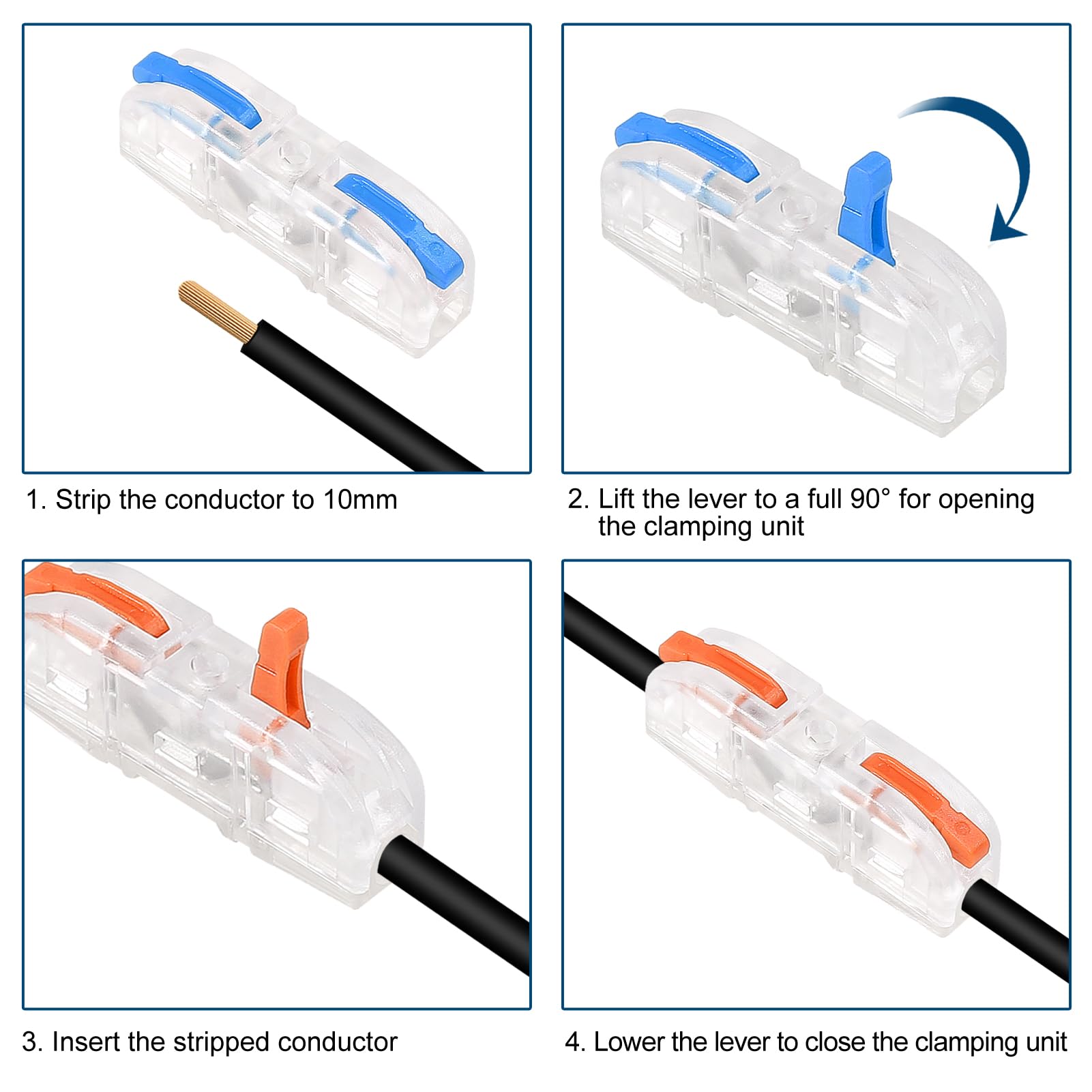 20pcs Lever Wire Connectors - Compact 1 to 1 Inline Electrical Connectors for 28-12 AWG (10 Blue + 10 Orange) - Ideal for Home Wiring, DIY Electrical Projects, and Appliance Repairs