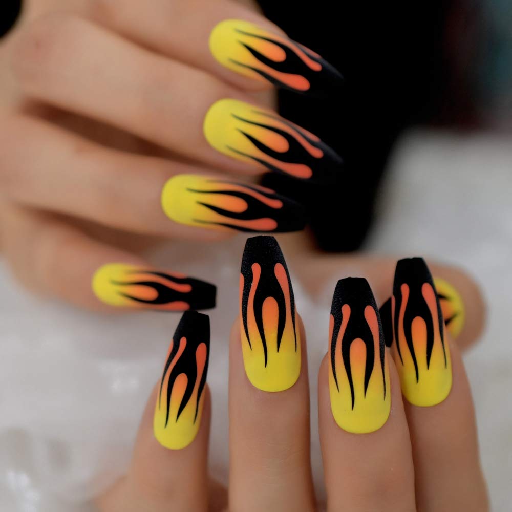 CoolNail Fire Matte Black & Yellow Press-On False Nails - Extra Long Coffin Ballerina Style with Frosted Finish & Free Adhesive Tabs - Perfect for Parties, Weddings, and Special Occasions