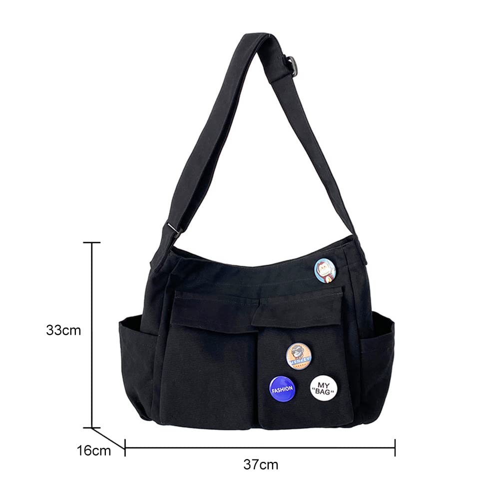 DKIIL NOIYB Large Canvas Messenger Bag with Kawaii Pin - Adjustable Crossbody Shoulder Strap, Multi-Pocket Hobo Tote Bag for Women & Men | Perfect for School, Work, Travel & Daily Use