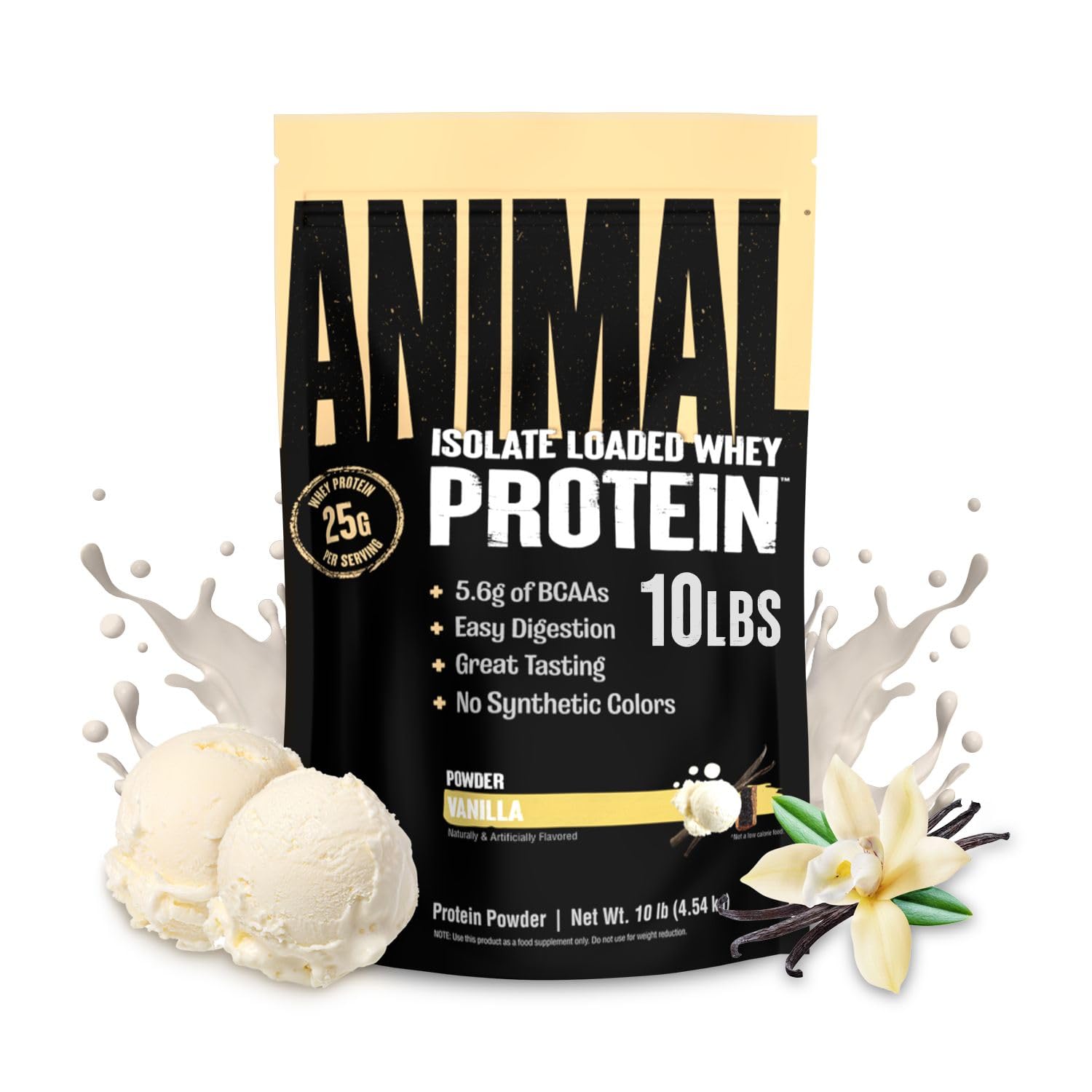 Animal Whey Isolate Protein Powder - 25g Protein for Muscle Building & Recovery, Low Sugar, Great Vanilla Taste - Pre & Post Workout Supplement with Digestive Enzymes for Men & Women - Ideal for Gym, Fitness & Weight Training (10 lbs)