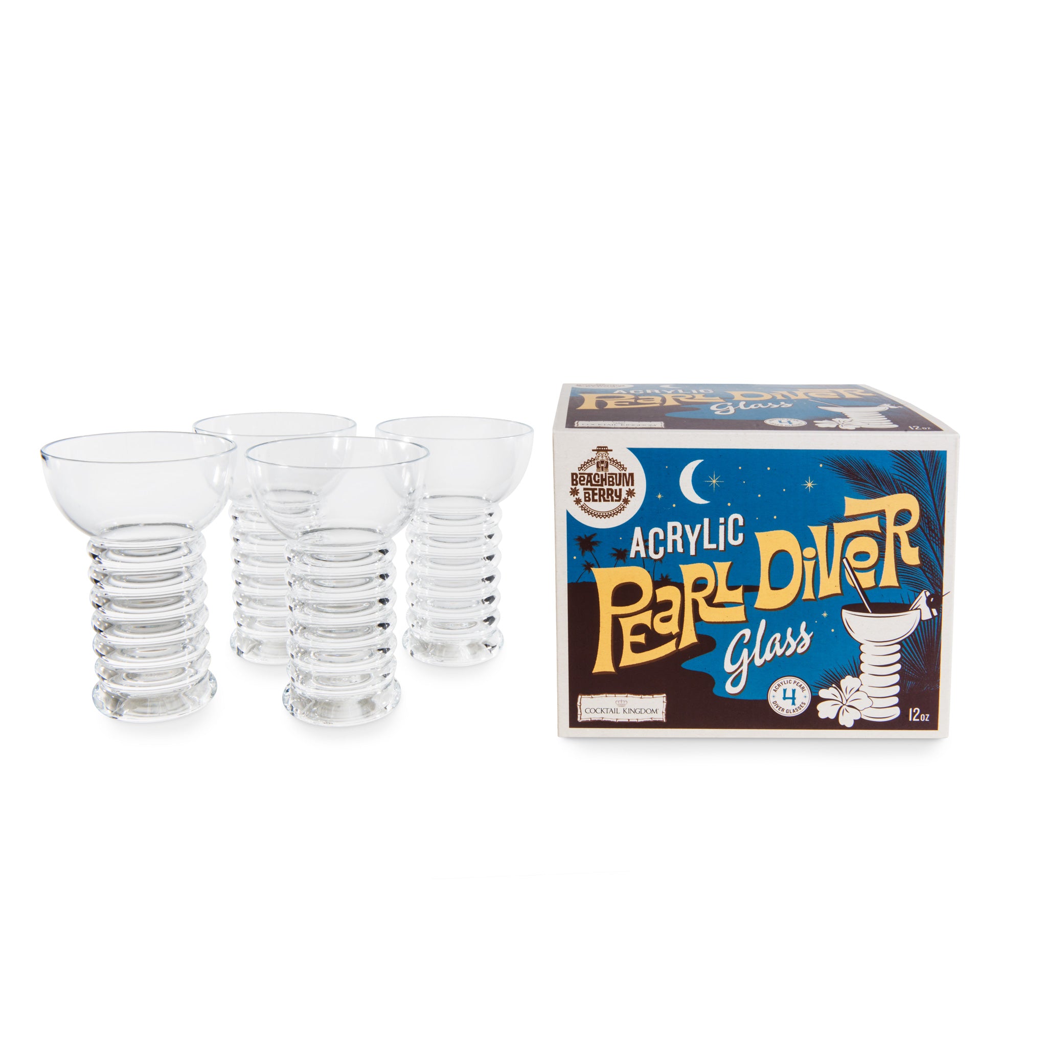 12oz (360ml) Acrylic Pearl Diver Glass Set of 4 - Clear Cocktail Cups for Mojitos, Margaritas & Tropical Drinks - Perfect for Beach Parties, Bars & Home Entertaining