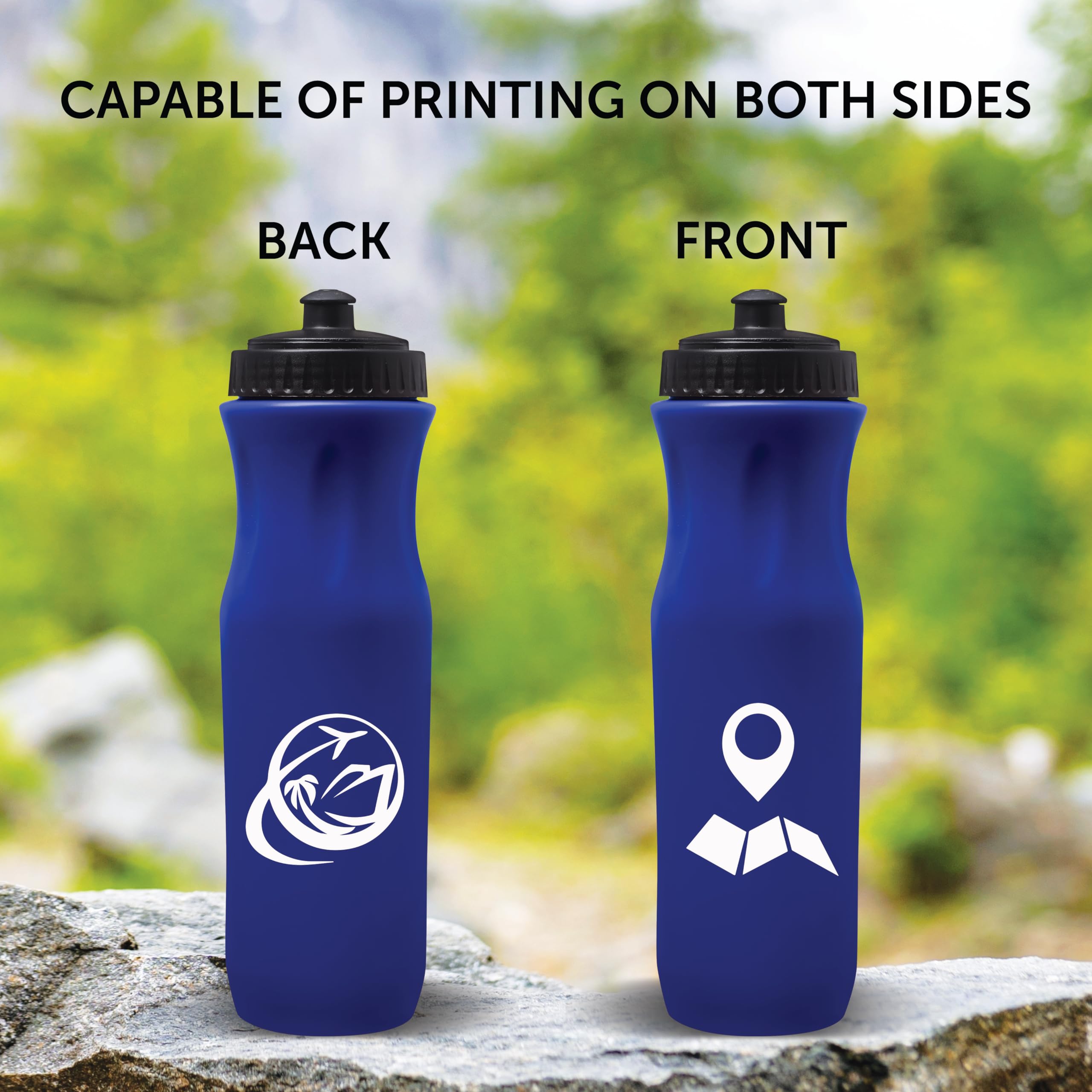 100 Pack 26 oz Plastic Water Bottles with Black Push Top Lid - Customizable Text & Logo - Bulk Reusable Water Bottles for Sports, Gym, School, and Outdoor Activities - Blue