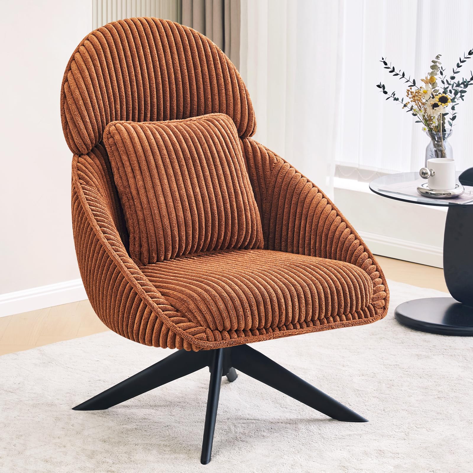 Furniliving Large Swivel Accent Chair - Modern Upholstered Armchair with Pillow & Headrest - Comfy Corduroy Living Room, Bedroom & Office Chair - Perfect for Relaxing, Reading & Working - Orange