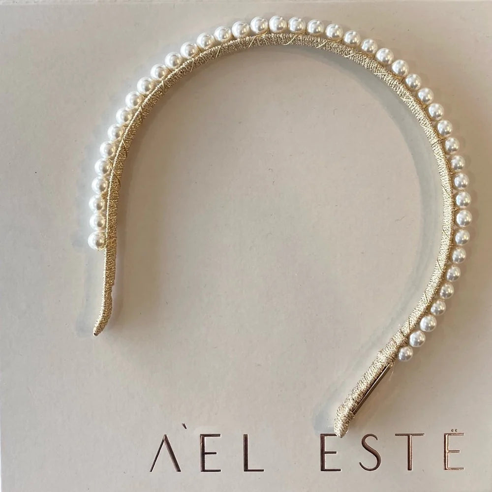 A'el Este Aubrey Gold Bridal Pearl Headband – Elegant Wedding Hair Accessory for Brides, Bridesmaids, and Special Occasions