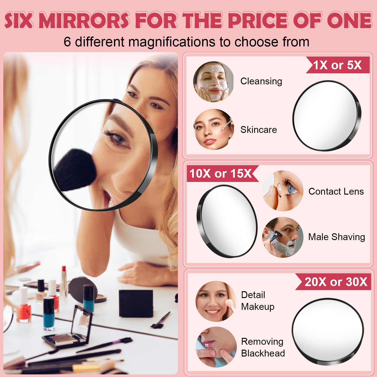 6X Magnifying Mirror with Suction Cup - 3.5in Portable Travel Makeup Mirror (1X-30X) for Bathroom & Vanity
