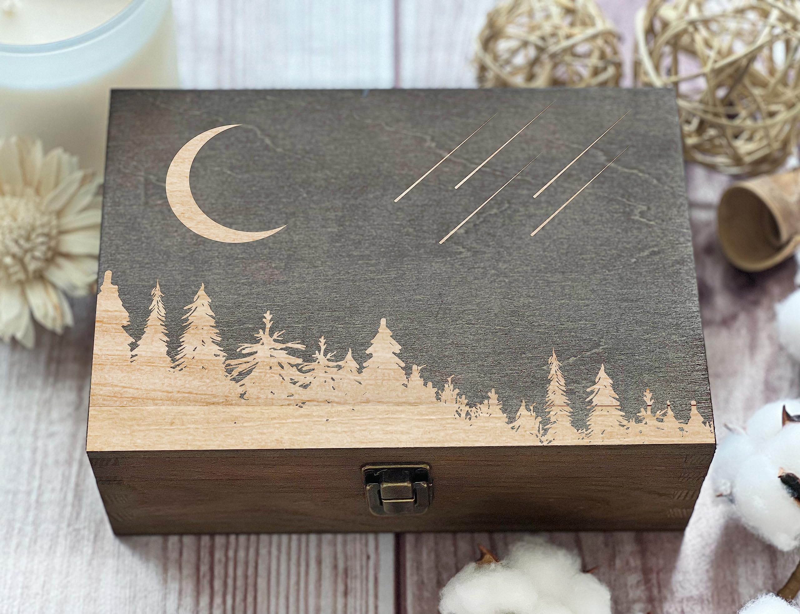 Celestial Charm Wooden Jewelry Box with Crescent Moon & Falling Stars Design - Perfect Gift for Friends, Family, Birthday & Keepsake - Ideal for Storing Rings, Necklaces & Small Treasures
