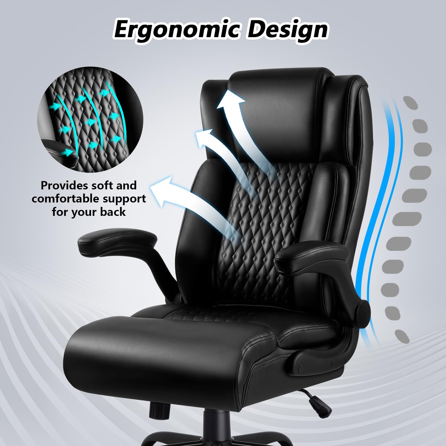 Big and Tall Office Chair - Heavy Duty Ergonomic Leather Computer Desk Chair with Flip-Up Armrests & Lumbar Support - 400 lbs Weight Capacity - Perfect for Home Office, Gaming, and Executive Workspaces
