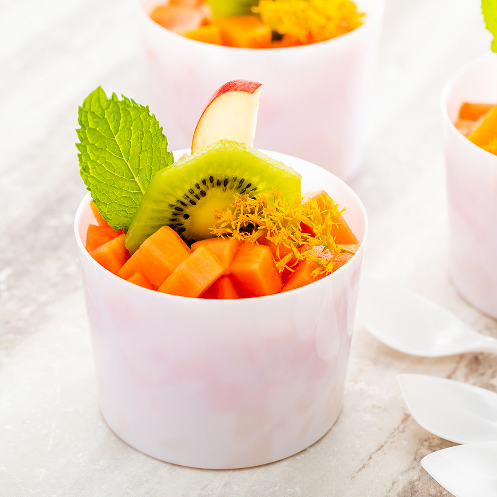 100 Pack 6 oz White Plastic Cylindrical Cups with 100 Silver Mini Plastic Spoons - Perfect for Parties, Events, and Catering