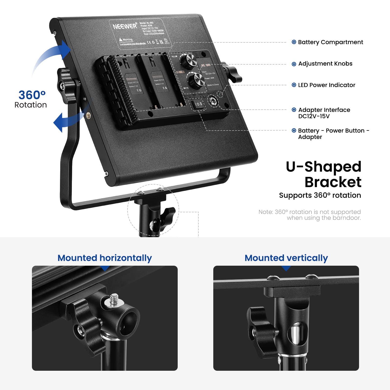 NEEWER 2-Pack 660 LED Bi-Color Video Light Kit with Stands - 3200K-5600K CRI 96+ Dimmable LED Panel, U Bracket, Barn Doors & 75