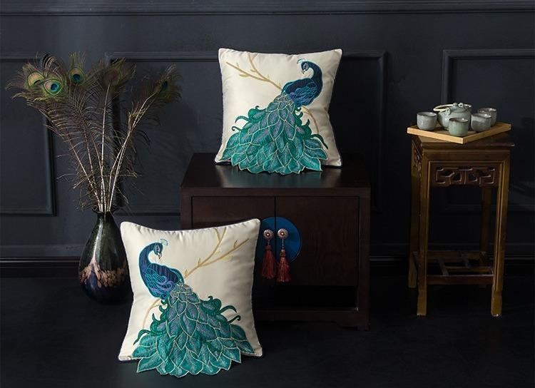 Embroidered Peacock Cotton & Linen Decorative Throw Pillows - Elegant Sofa & Couch Pillow Covers for Living Room, Bedroom Decor