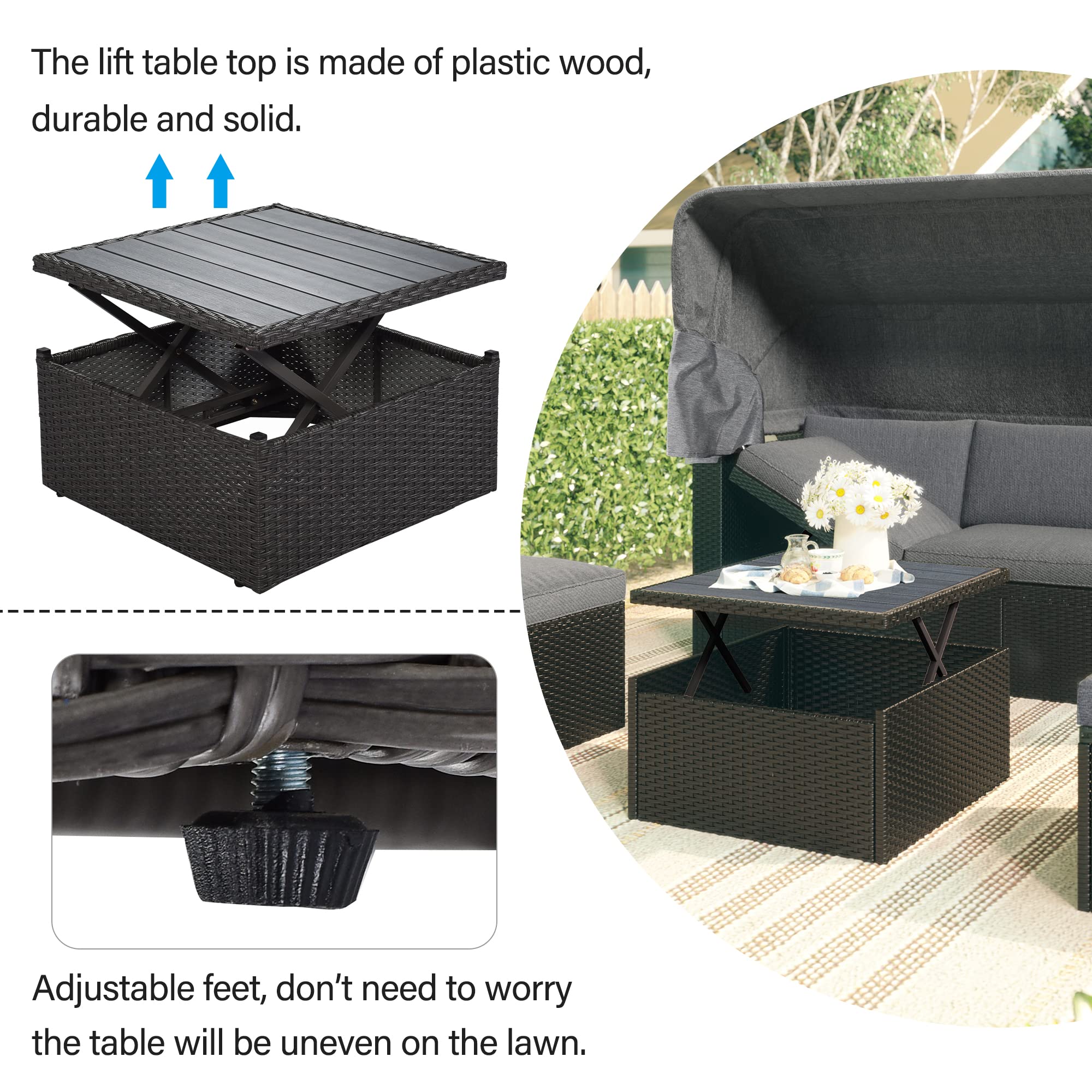 Outdoor Patio Rectangle Daybed with Retractable Canopy - Wicker Rattan Furniture Set with Adjustable Coffee Table - Gray Sectional Sofa Conversation Set for Backyard, Poolside & Garden Relaxation