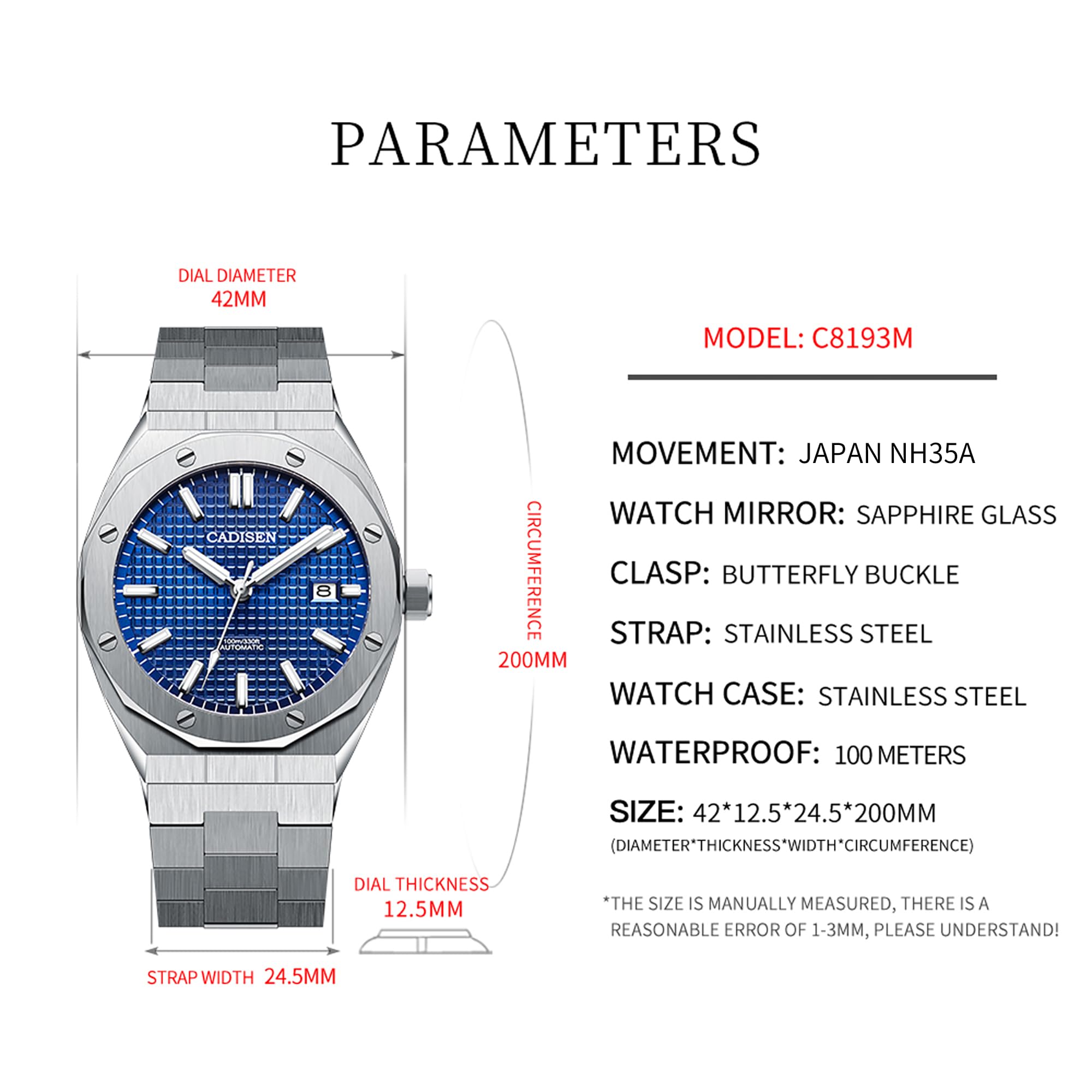 CADISEN Automatic Men's Mechanical Watch - Waterproof Business Dress Watch with Date Display & Stainless Steel Band | Perfect for Office, Formal Events & Everyday Wear