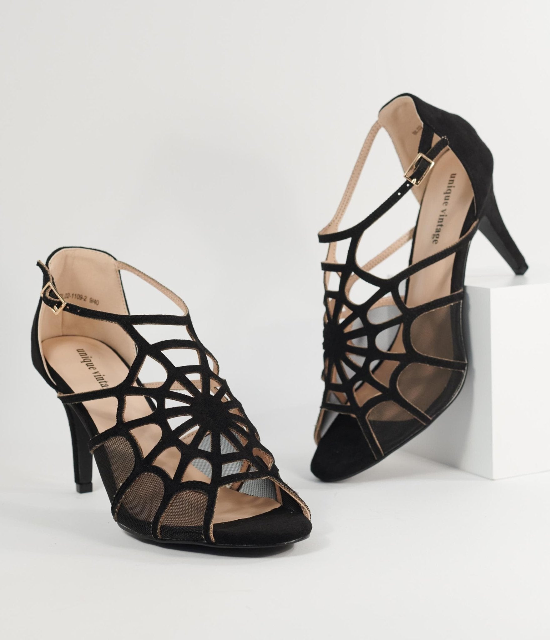 Vintage 1940s Black Spider Web Heels - Retro Gothic Shoes for Women | Perfect for Halloween, Cosplay & Vintage Fashion Outfits