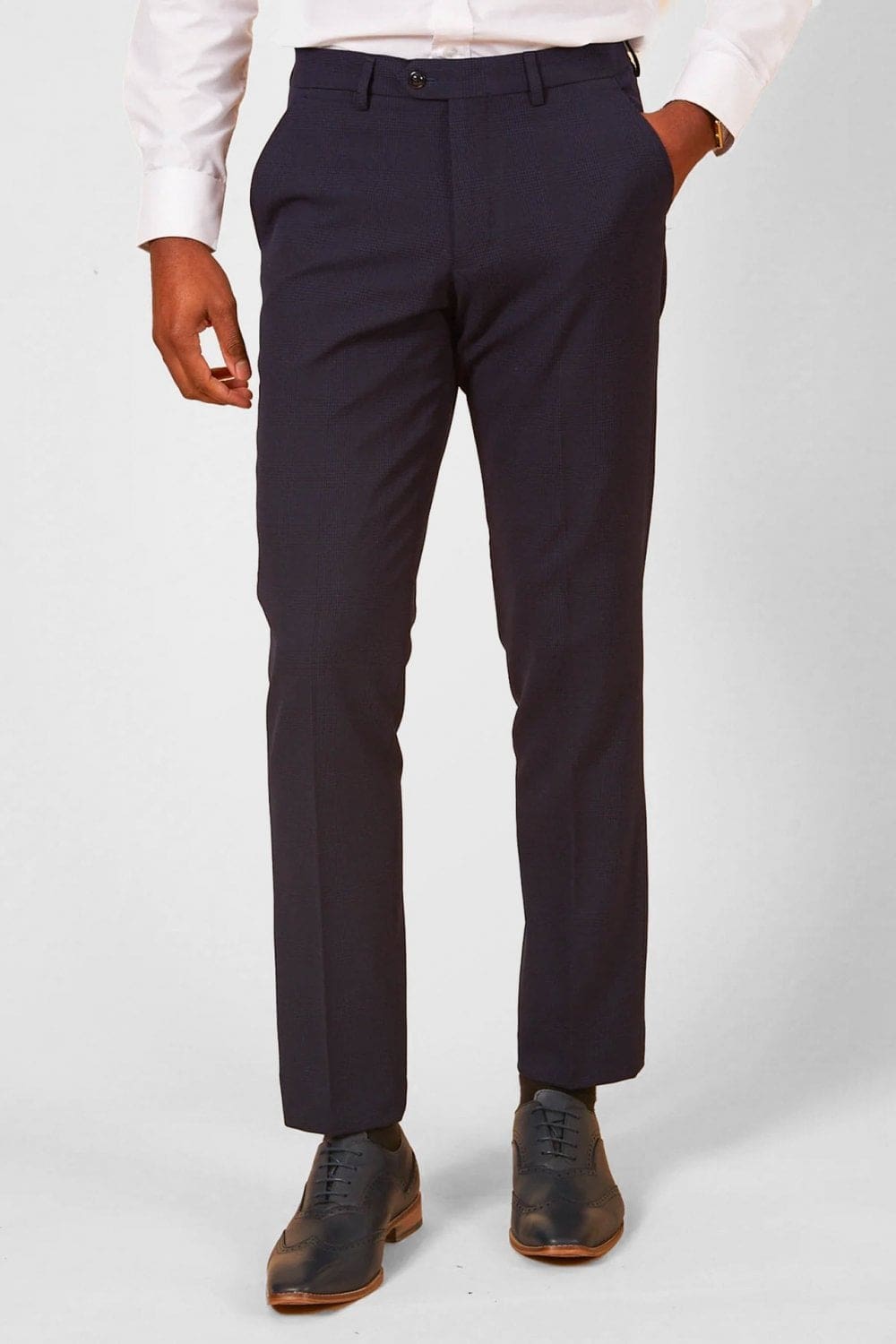 Marc Darcy Bromley Navy Check Trousers for Men - Classic Slim Fit Formal Pants - Perfect for Office Wear, Business Meetings & Smart Casual Outfits