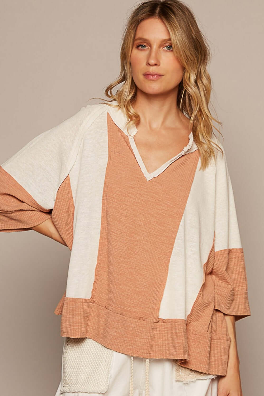 Notched Neck Contrast Fabric Basic Long Sleeve T-Shirt - Women's Casual Top in Black & Multi Colors | Perfect for Everyday Wear, Office Outfits & Layering Looks
