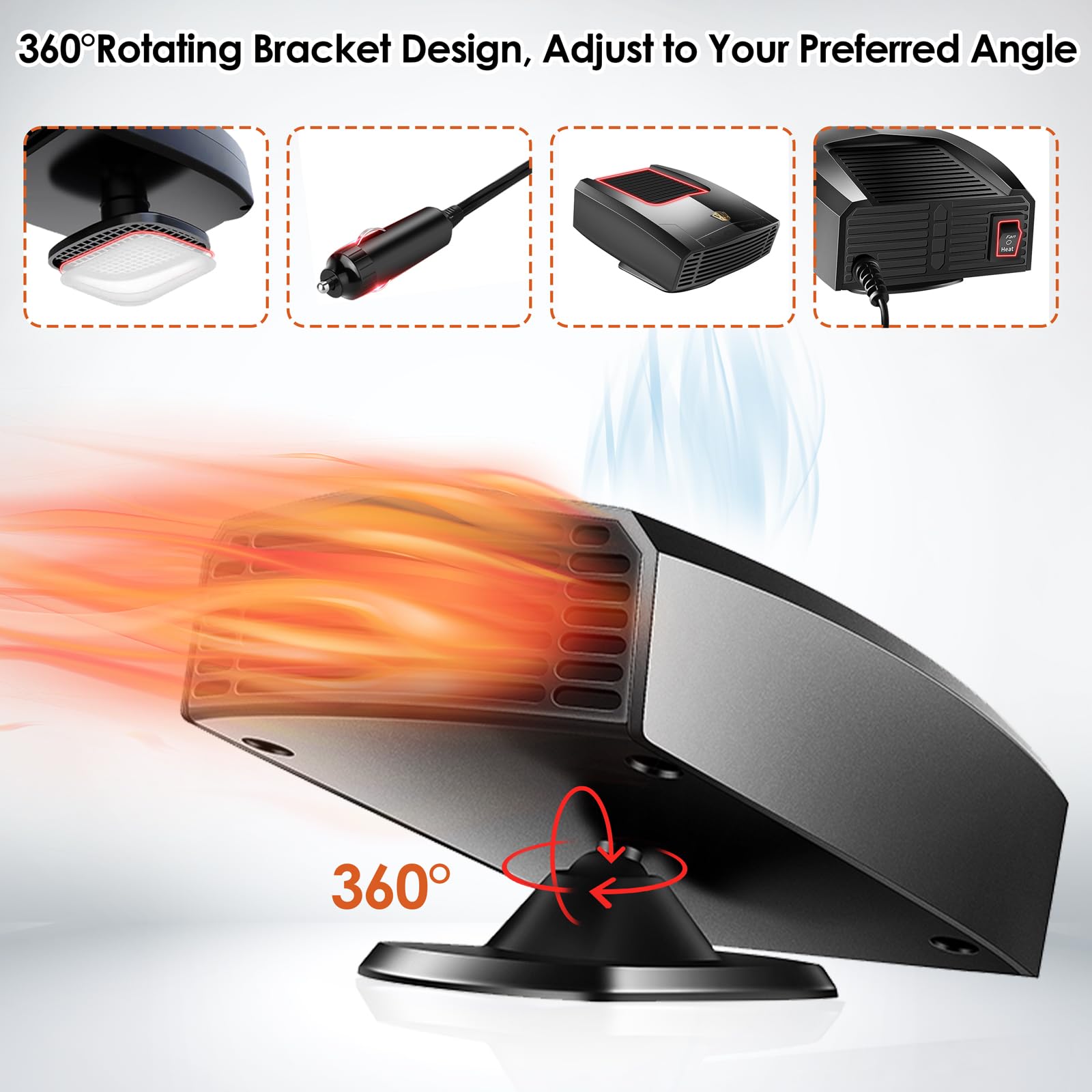 12V 200W Portable Car Heater - 360° Rotatable Auto Defroster & Windshield Demister with Cigarette Lighter Plug for SUV, Truck, Jeep, MPV - Perfect for Winter Driving & Quick Defogging