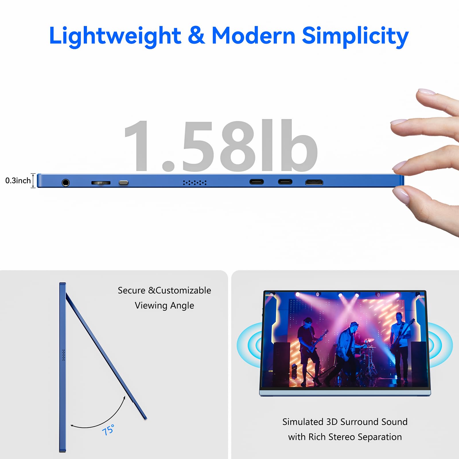 16Inch Portable Monitor for Laptop - 1920x1200P FHD IPS 16:10 External Display with 100% sRGB, Aluminum Stand, USB-C & Mini HDMI - Compatible with PC, Phone, Office - Perfect for Remote Work, Gaming & Travel