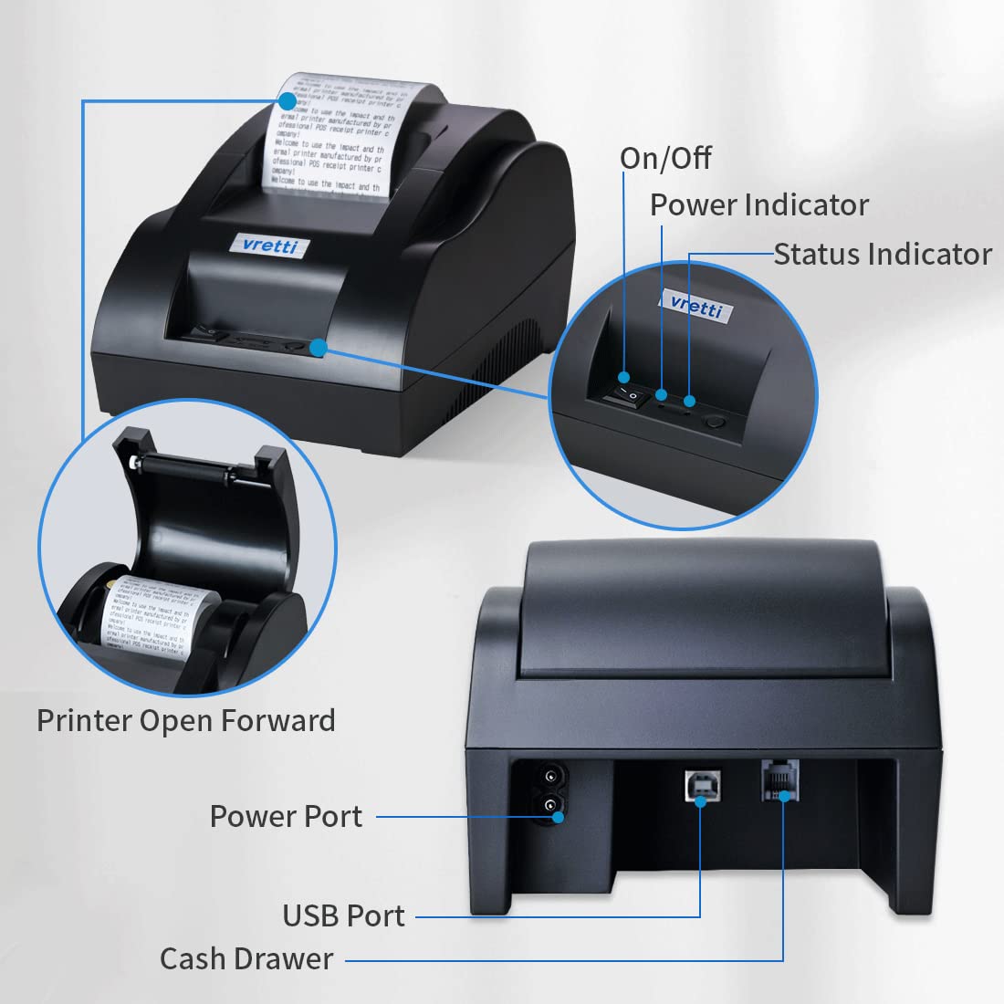 Vretti 58mm USB Thermal Receipt Printer - High-Speed ESC/POS Compatible for Windows & Mac - Compact Restaurant Kitchen POS Printer for Cash Register, Retail Stores & Small Business Use