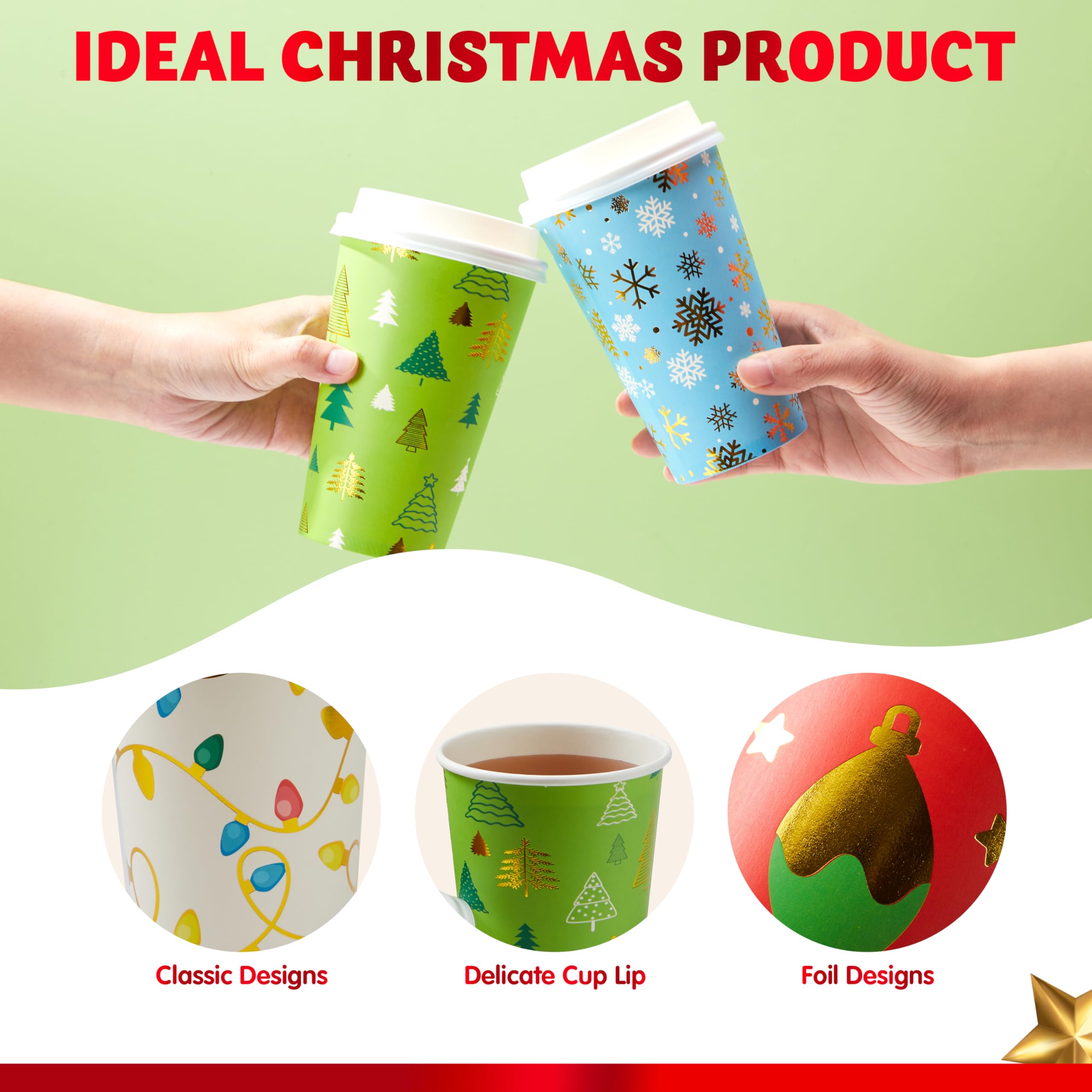 JOYIN 24-Pack 16oz Christmas Disposable Paper Cups with Lids & Sleeves - 4 Festive Designs for Holiday Parties, Winter Drinks & Home Decor - Perfect for Xmas Celebrations, Hot Cocoa, Eggnog & Seasonal Beverages