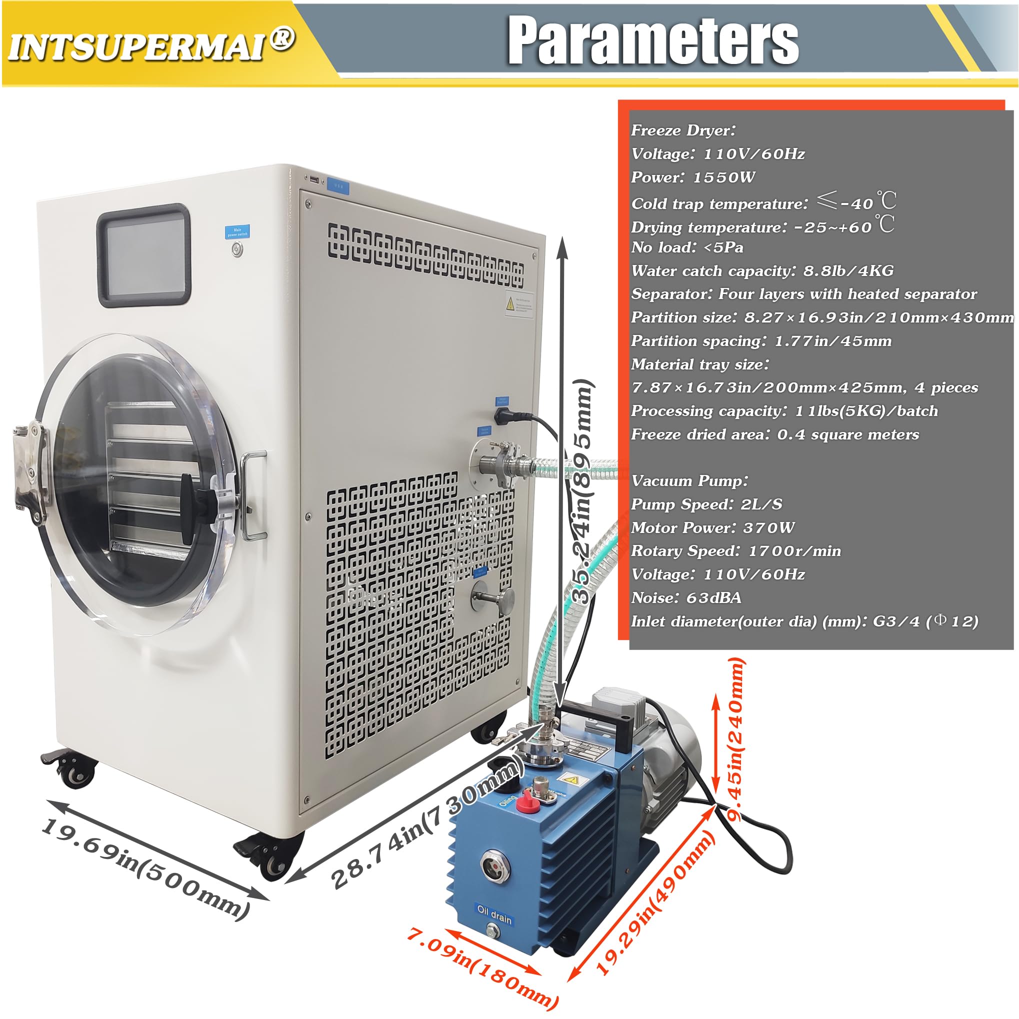 INTSUPERMAI 11lb Batch Scientific Freeze Dryer for Home & Lab Use - Vacuum Freeze Dryer with Pump, 4 Trays, -25°C to +60°C Drying Temp - Ideal for Food Preservation, Pharmaceuticals & DIY Projects