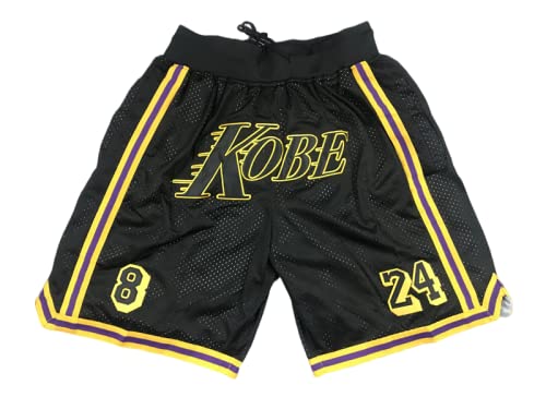 **Enjeolon Men's Retro Basketball Shorts - Mesh Embroidered Gym Workout Shorts with Pockets, XX-Large, Black Gold Kobe Style - Perfect for Casual Wear, Sports & Fan Apparel**