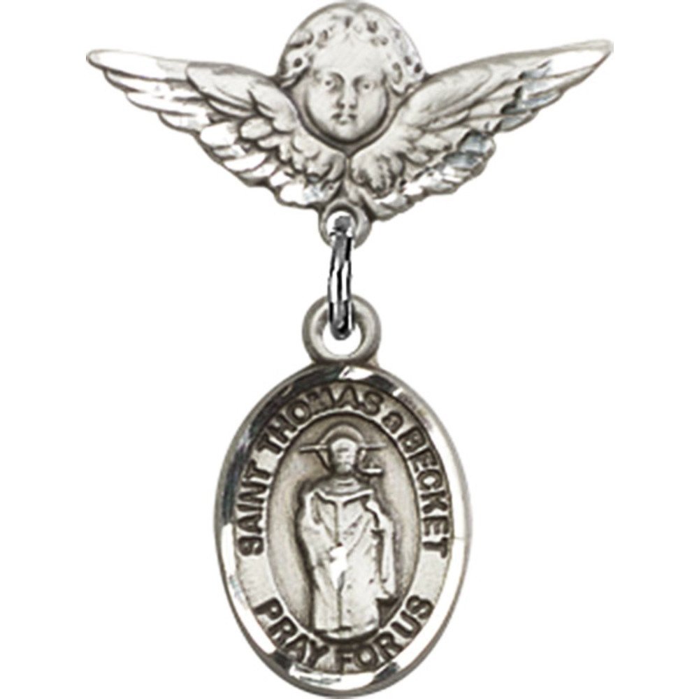 St. Thomas A Becket Sterling Silver Baby Badge with Angel Wing Charm - 7/8 X 3/4 Inch Religious Jewelry Pin for Christening, Baptism & First Communion Gifts