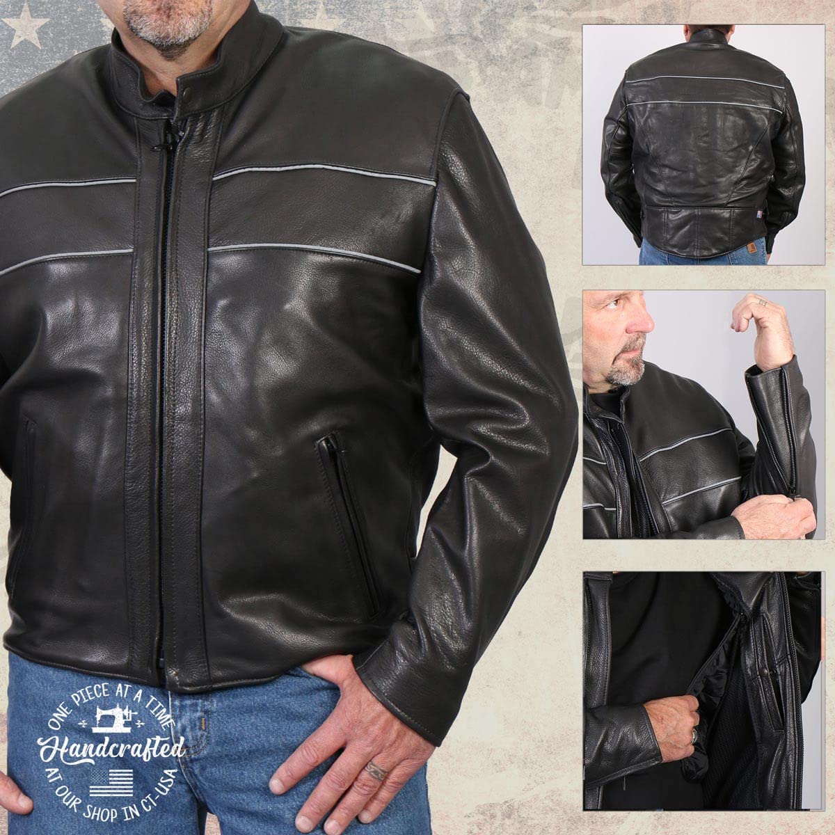 Milwaukee MLJKM5003 Men's Black Premium Leather Motorcycle Jacket - USA Made, Reflective Piping for Safety | Perfect for Cruiser Riders & Long-Distance Touring