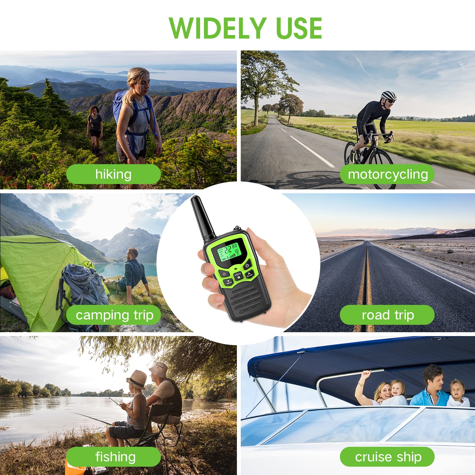 MOICO Long Range Walkie Talkies for Adults - 2 Pack Green Two-Way Radios with 22 FRS Channels, VOX Scan, LCD Display & LED Flashlight - Perfect for Field Communication, Survival Gear, Biking, Hiking and Camping Adventures