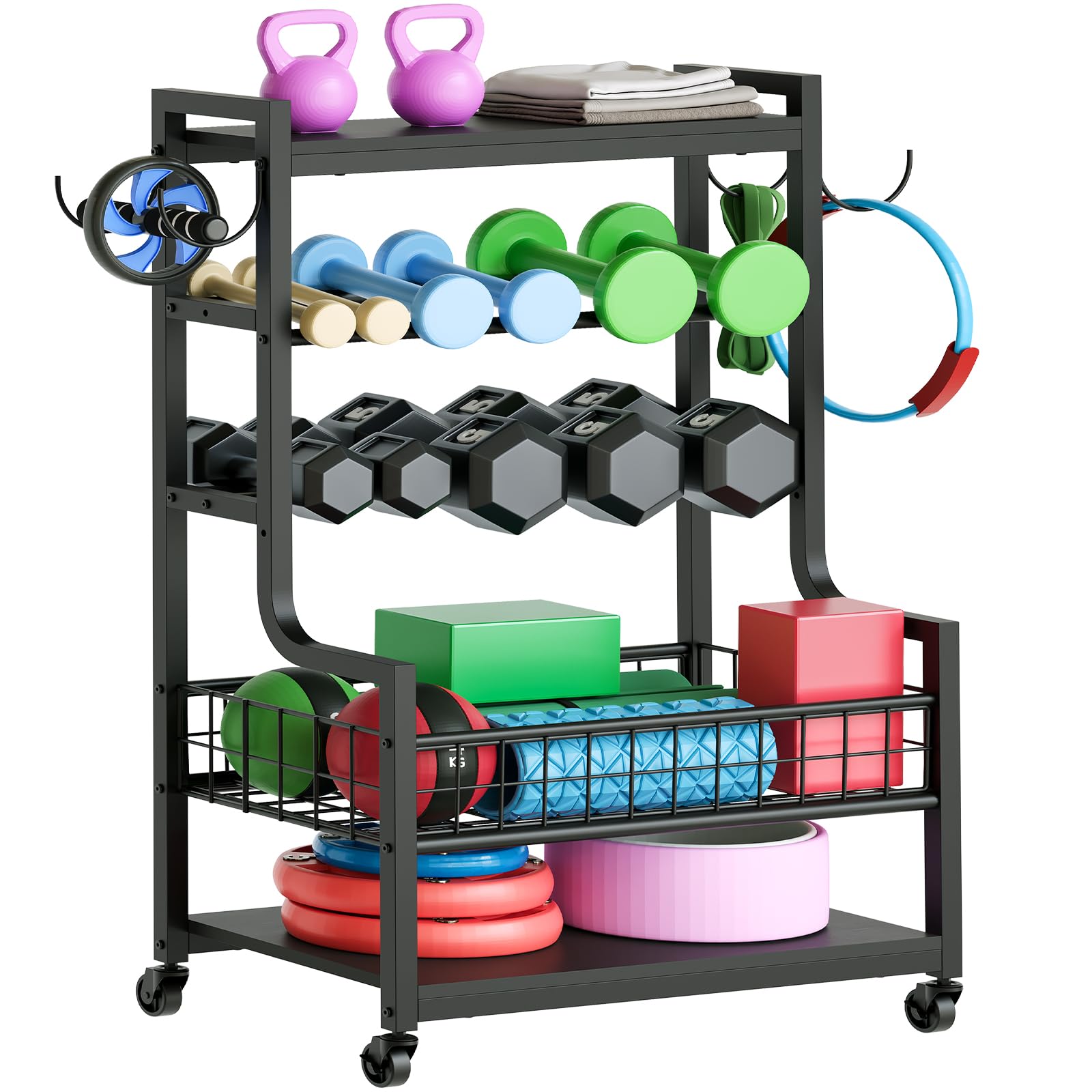 Heavy Duty Dumbbell Rack with Wheels - Adjustable Home Gym Storage Organizer for Dumbbells, Kettlebells, Yoga Mats & Foam Rollers - Space Saving Fitness Equipment with Hooks (Black YL01BK) - Perfect for Home Gym, Garage Workouts & Commercial Fitness Centers