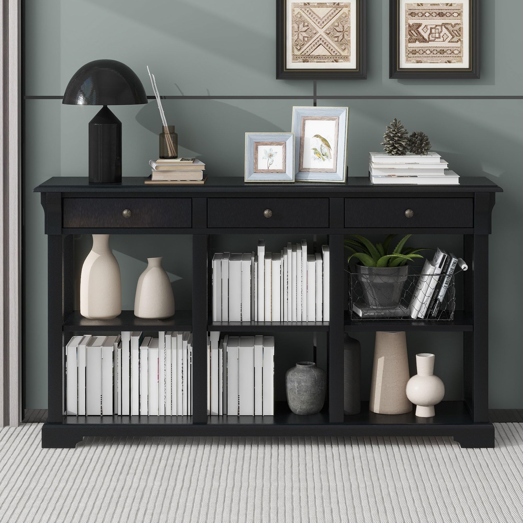 Quartz Retro Console Table Sofa Table - Solid Wood Sideboard with 3 Drawers & 2-Tier Open Shelf for Living Room, Entryway, Kitchen - Vintage Home Decor for Small Spaces & Apartment Living (Black Retro Style)