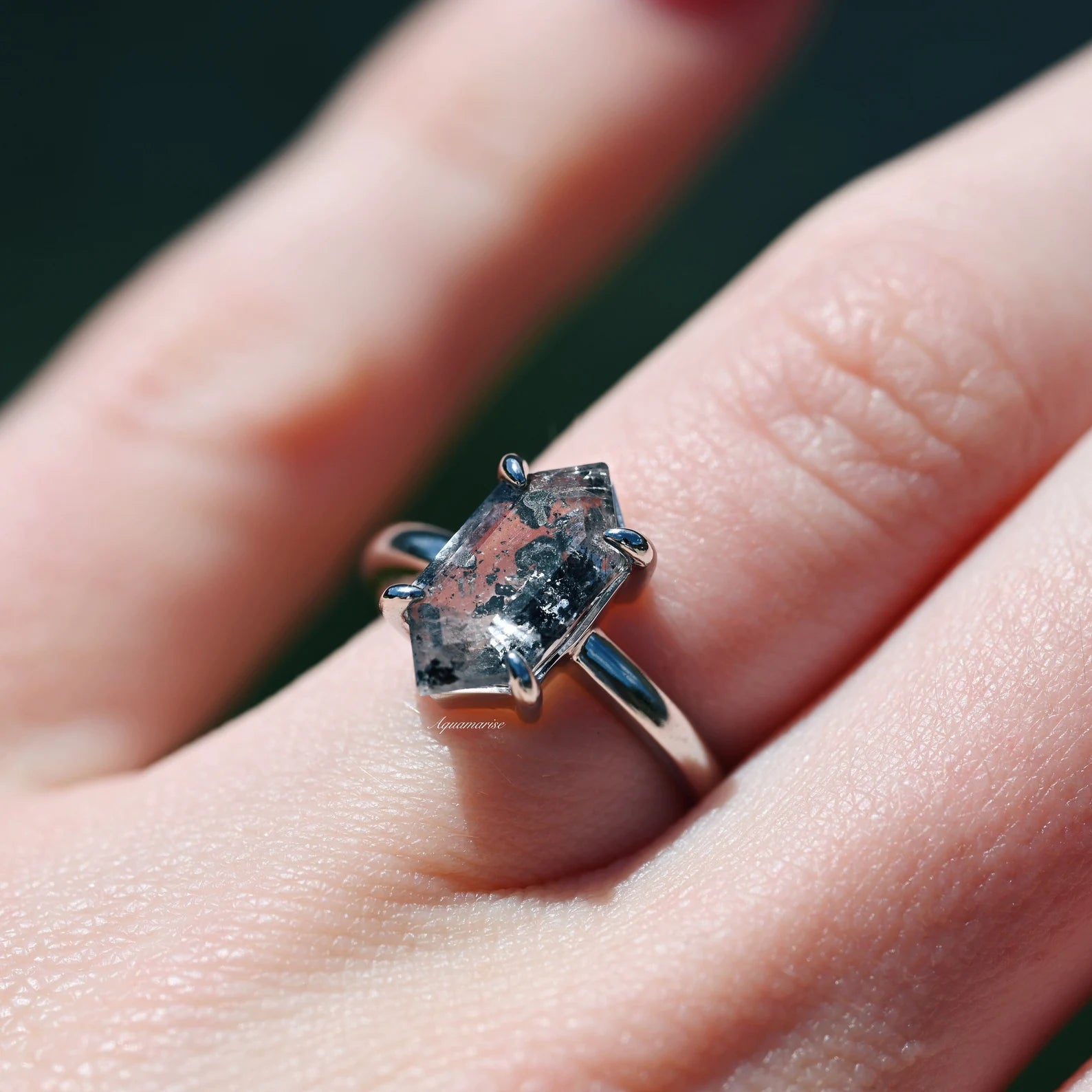 Hexagon Galaxy Raw Salt & Pepper Herkimer Diamond Ring - Sterling Silver Jewelry for Women, Unique Handmade Wedding Engagement Gift, Boho Hippie Style Accessory for Everyday Wear & Special Occasions