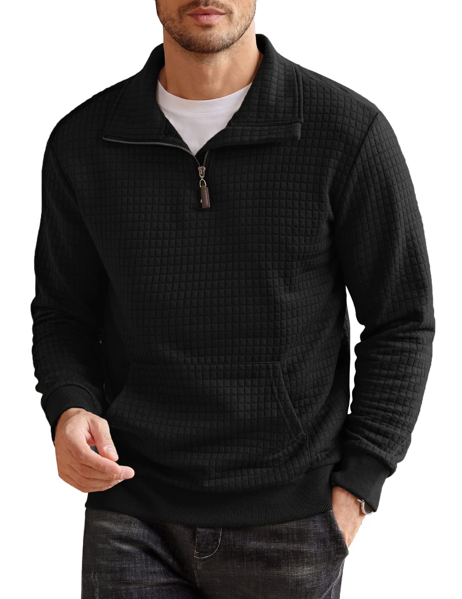 COOFANDY Men's Quarter Zip Sweatshirt - Long Sleeve Waffle Knit Pullover Hoodie with Pocket | Casual Fall Winter Layering for Outdoor Activities & Lounge Wear