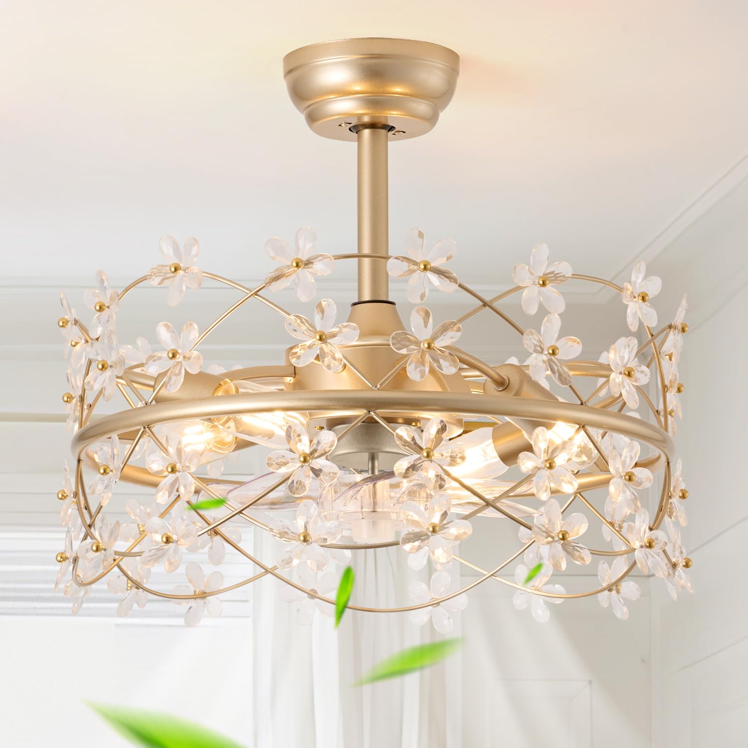20 Inch Gold Caged Ceiling Fan with Light and Remote Control - Modern Crystal Flower Chandelier Fan with 6 Speed Settings - Perfect for Girls Bedroom, Living Room, Nursery and Home Decor