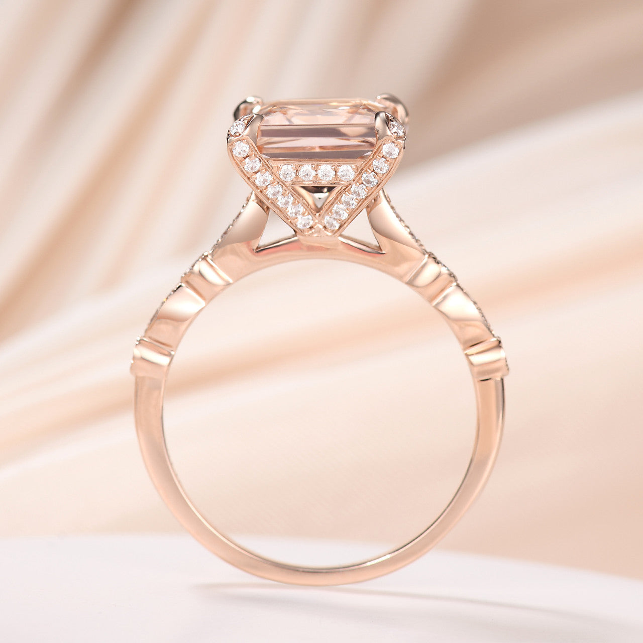14K Rose Gold Princess Cut Morganite Hidden Diamond Halo Wedding Ring Set - Elegant Bridal Jewelry for Engagement, Proposal & Anniversary Gifts