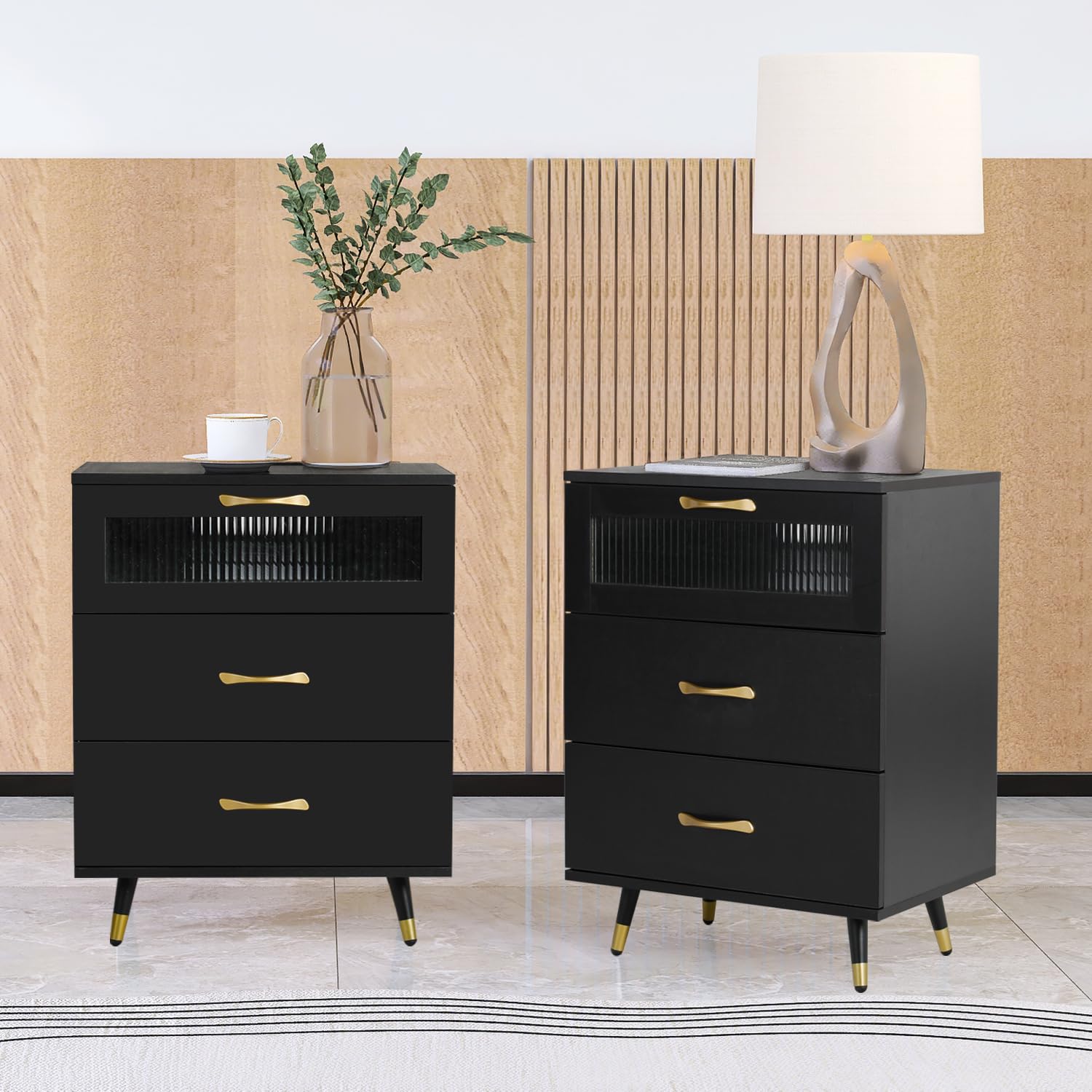 Modern Black 3-Drawer Nightstand with USB Charging Port - Bedside Cabinet Dresser for Bedroom, Living Room & Home Decor - Perfect for Storing Essentials, Charging Devices & Enhancing Bedroom Organization