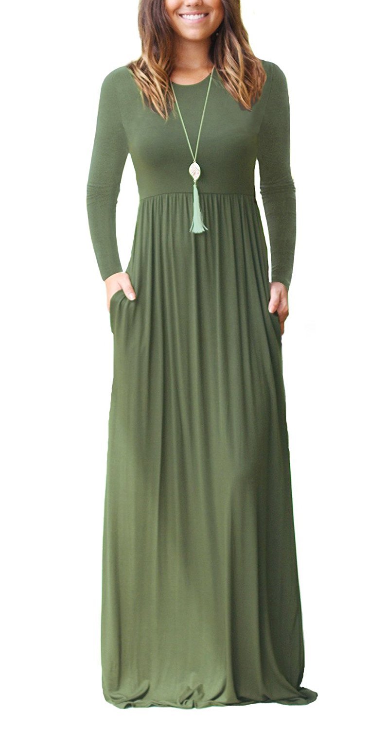GRECERELLE Women's Long Sleeve Maxi Dress - Loose Fit Casual Plain Long Dress with Pockets | Perfect for Everyday Wear, Beach Cover Up, and Travel Outfits