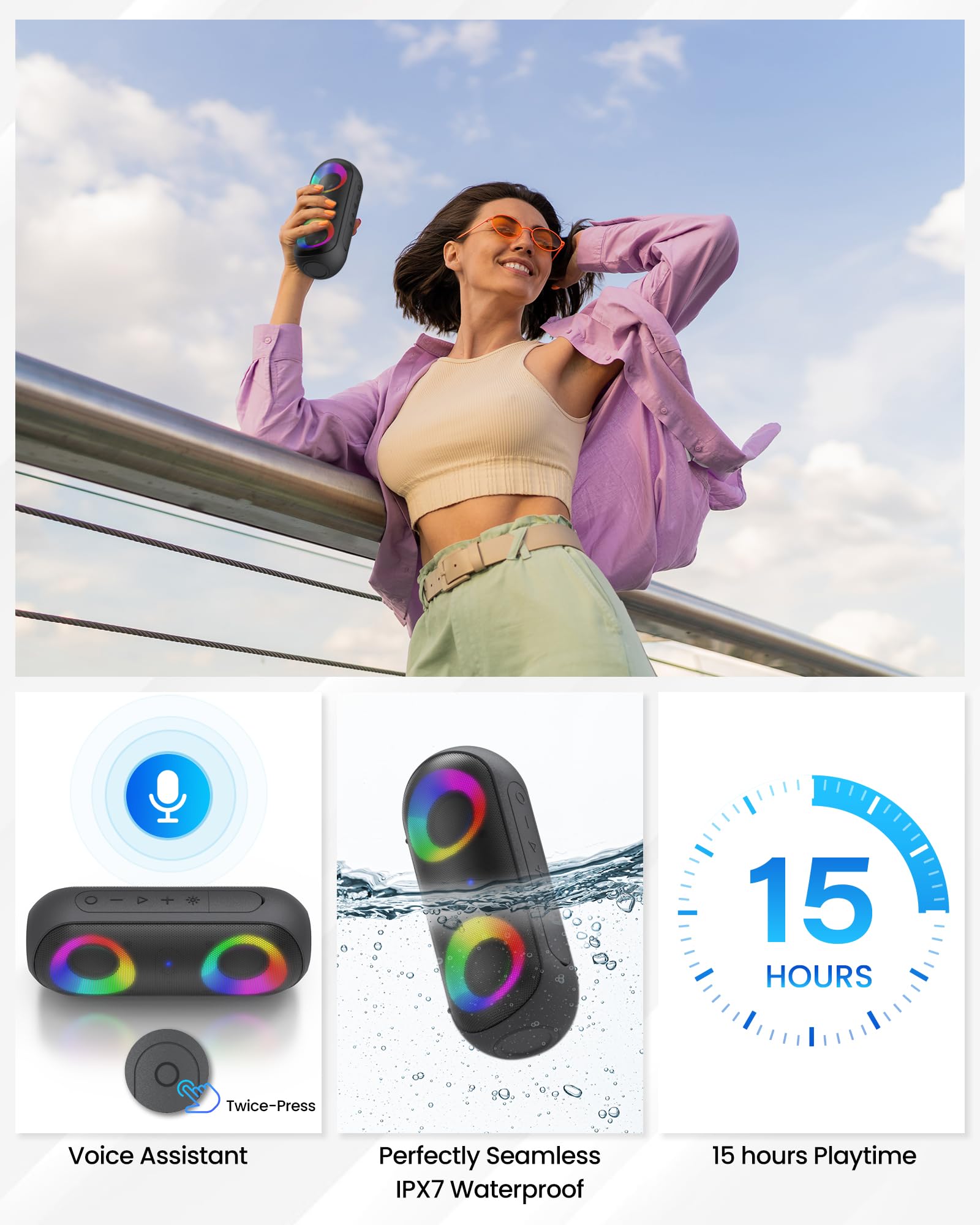 30W Portable Bluetooth Speaker with RGB Multi-Color Rhythm Lights - IPX7 Waterproof, 100FT Wireless Range, 1000min Playtime - Perfect for Shower, Pool Parties & Outdoor Adventures