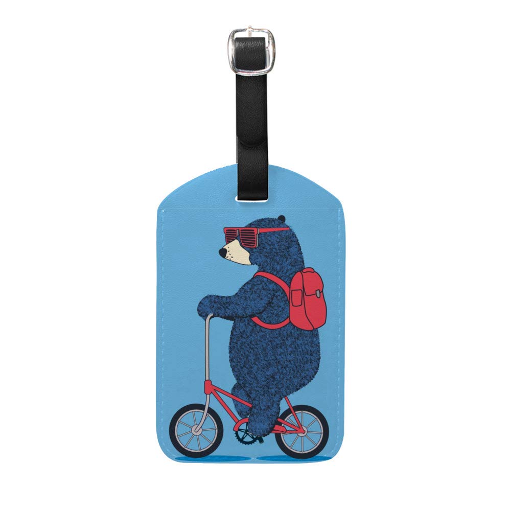 PU Leather Luggage Tags with Privacy Cover - Bear on Bicycle Design Travel ID Tags for Suitcases, Bags & Backpacks | Durable Baggage Identifier for Air Travel, Vacation & Business Trips