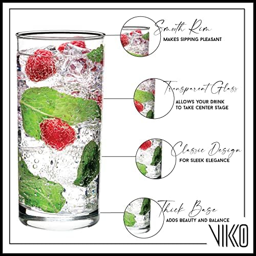 Vikko 12.25oz Thick & Durable Water Glasses Set of 4 - Heavy Duty Highball Tumblers for Kitchen, Dishwasher Safe Drinking Cups - Perfect for Iced Tea, Cocktails, Juice & Everyday Use