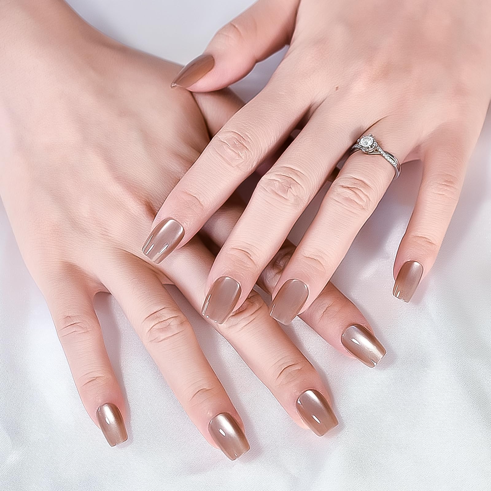 30pcs Glossy Ombre Brown Press On Nails - Cat Eye Salon Manicure Medium Coffin Squoval Fake Nails | Reusable Acrylic False Nails for Women & Girls | Perfect for Parties, Weddings, Date Nights & Everyday Wear