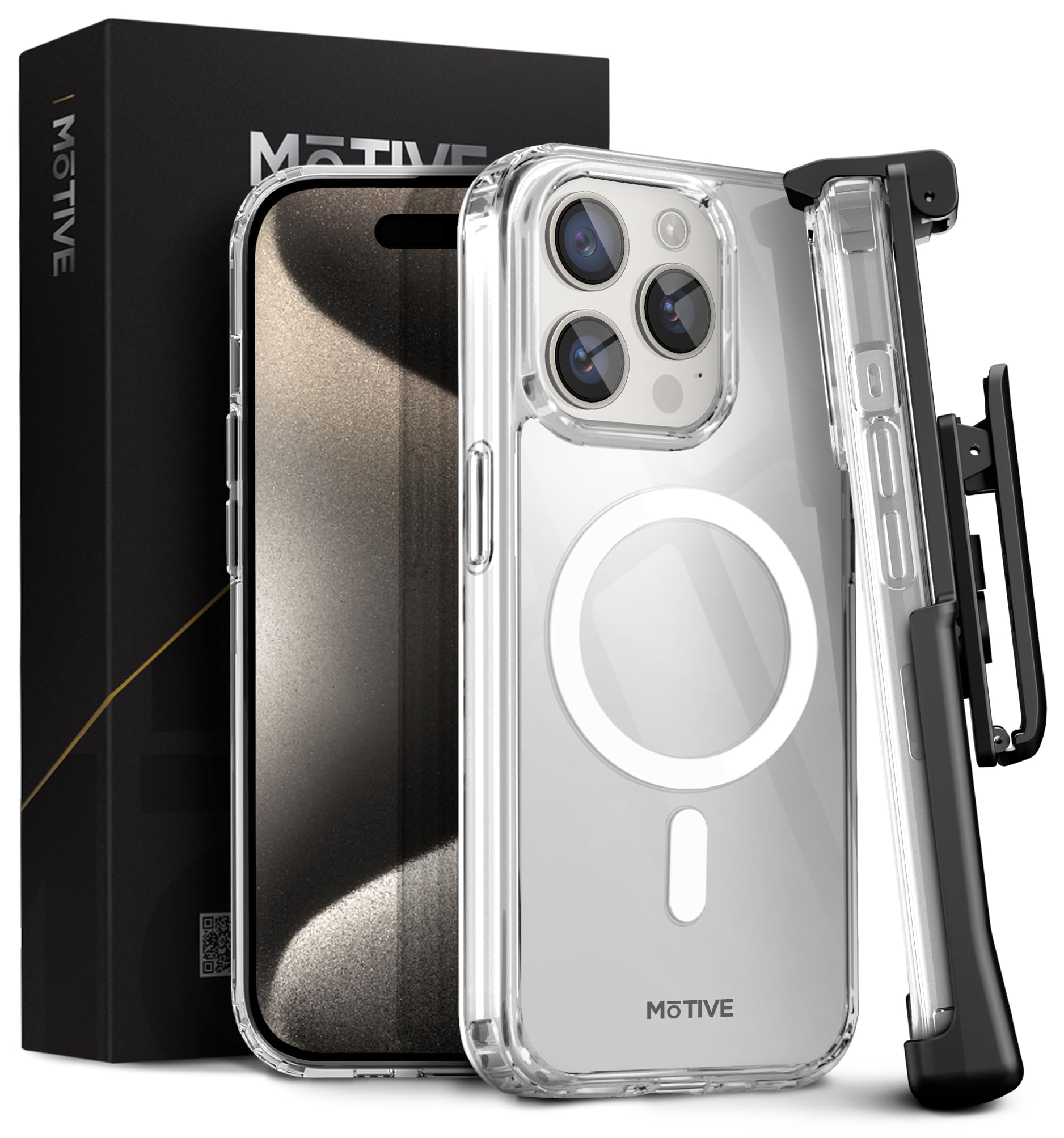 MOTIVE Ultra Strong Magnetic Clear iPhone 15 Pro Max Case with Belt Clip - Magsafe Compatible, Military Grade Drop Protection, Slim Protective Cover for iPhone 15 Pro Max 6.7