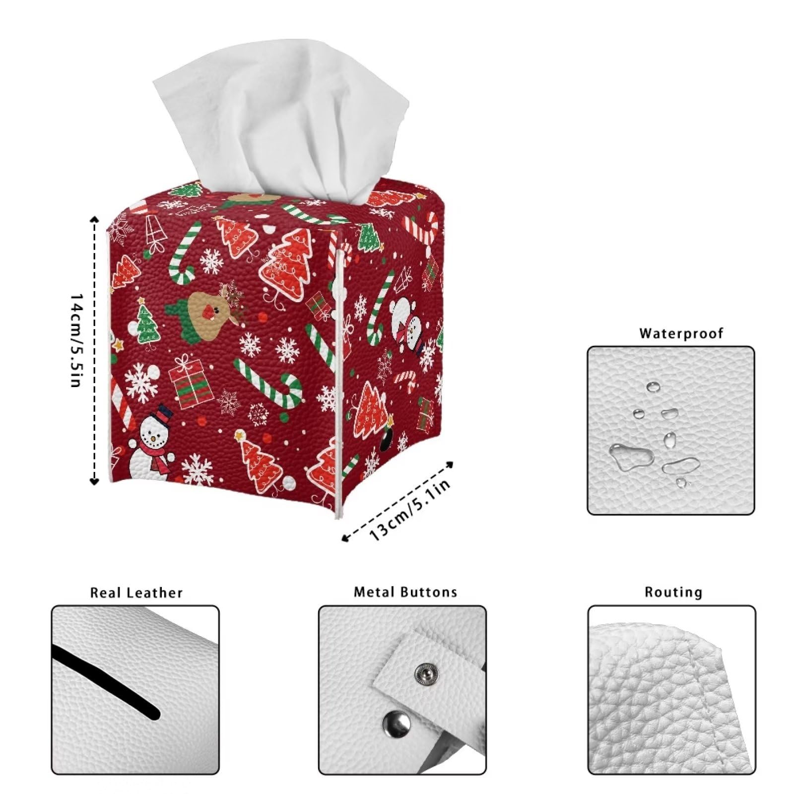 PU Leather Square Facial Tissue Box Cover - Vanity Countertop, Nightstand & Dinner Table Organizer | Christmas Home Decor with Reindeer & Snowman Design | Perfect for Living Room, Bedroom & Holiday Decorations