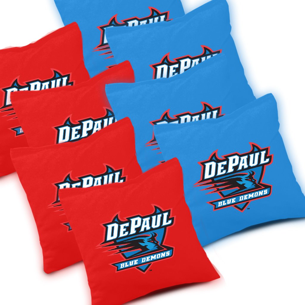 DePaul Blue Demons Regulation Size Cornhole Game Set - Custom Stained Striped Boards with 8 ACA Approved Bean Bags | Perfect for Tailgating, Backyard BBQs & College Game Day Parties