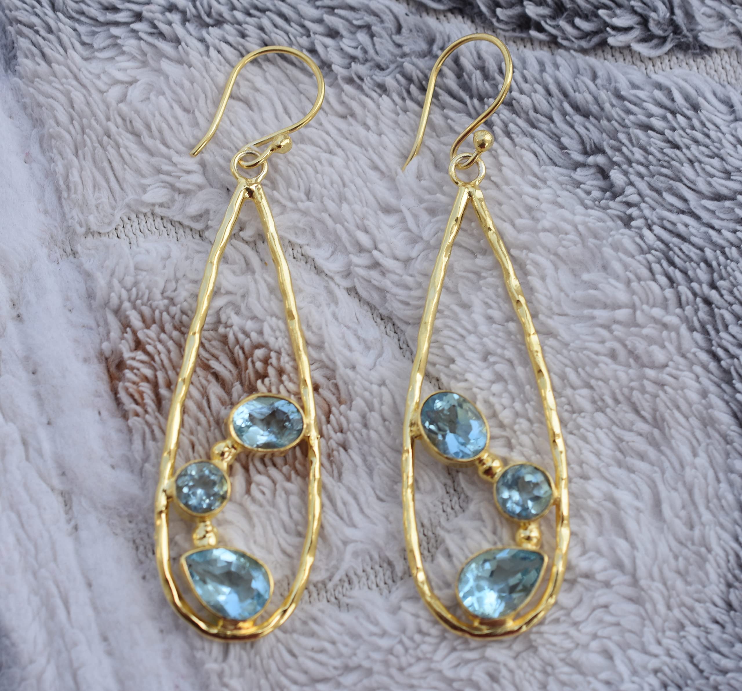 18K Gold Plated Blue Topaz Earrings for Women - November Birthstone Jewelry, Fashion Gemstone Gift for Birthday & Anniversary | VE-230 | Perfect for Parties, Weddings & Everyday Wear