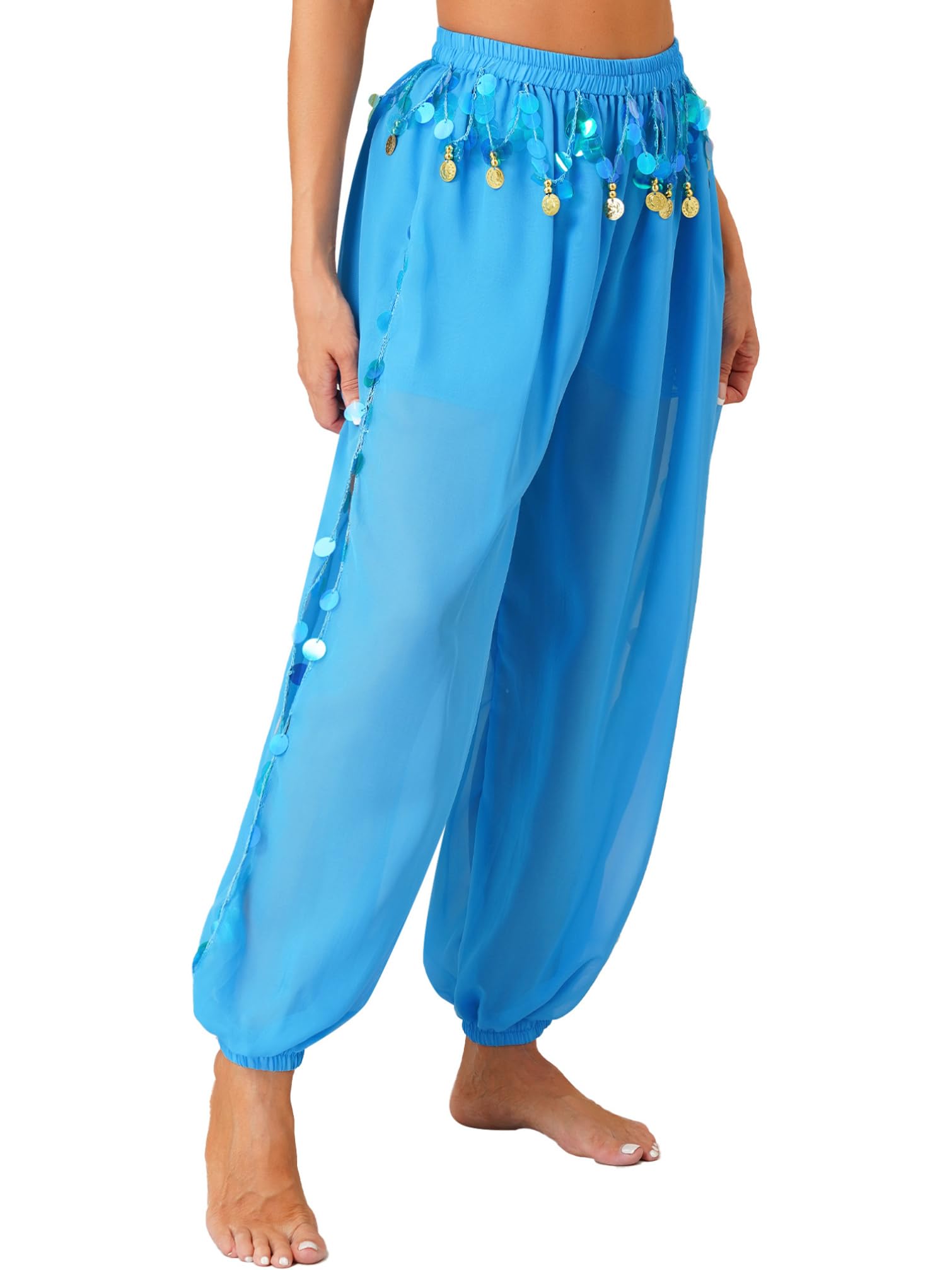 Linjinx Women's Sequins Belly Dance Costume - Indian Arabian Stage Performance Outfit with Coins Harem Pants for Professional Dance & Cultural Events