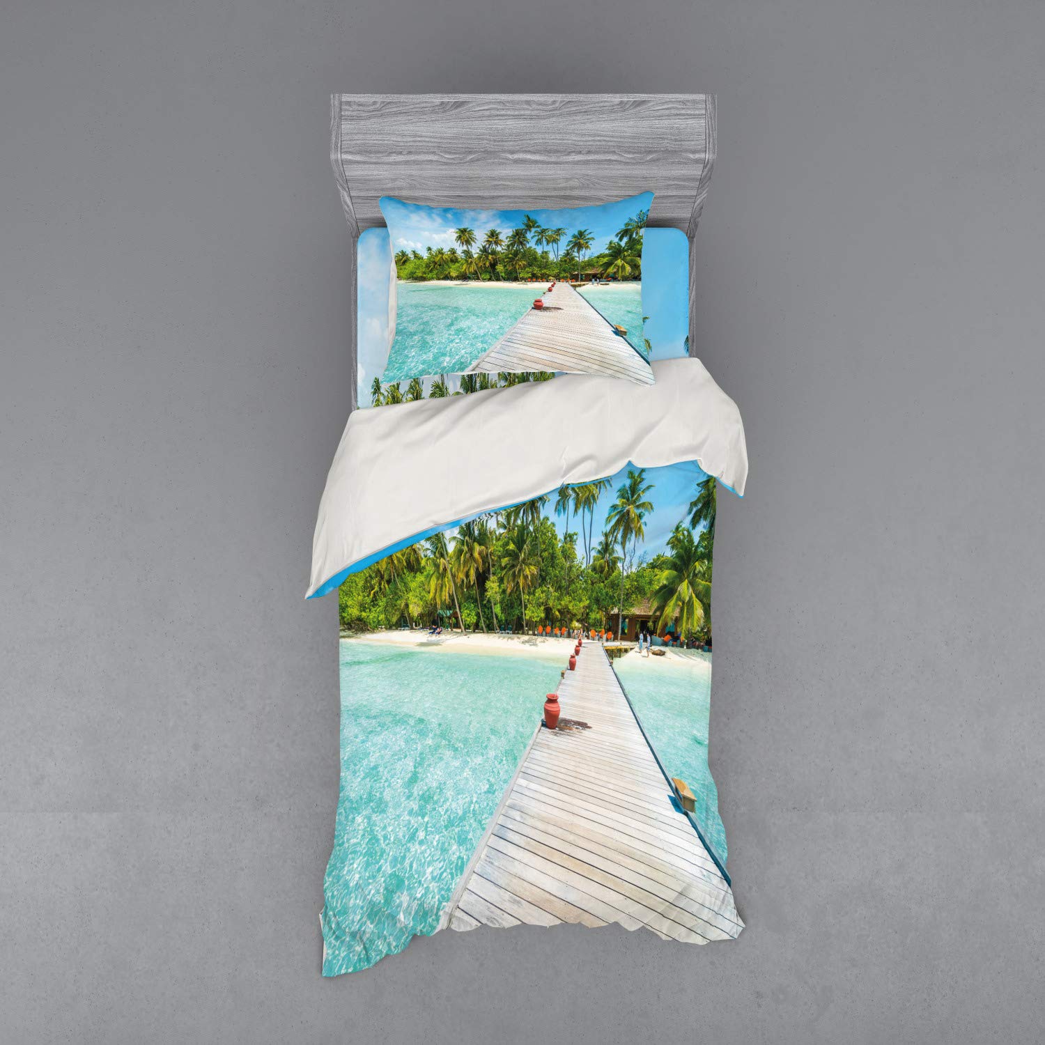 Ambesonne Tropical Bedding Set - Maldives Island Beach Wooden Deck Palms Duvet Cover 3 Piece Set with Sham & Fitted Sheet, Twin XL Size, Aqua Turquoise Fern Green | Exotic Holiday Decor for Beach House, Vacation Rental or Tropical Bedroom Theme